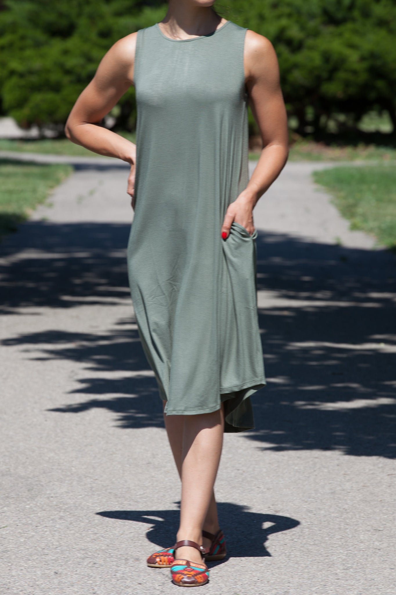Knee Length Tank Dress with Pockets - Women's Casual Summer Sleeveless Dress for Beach, Vacation, and Everyday Wear