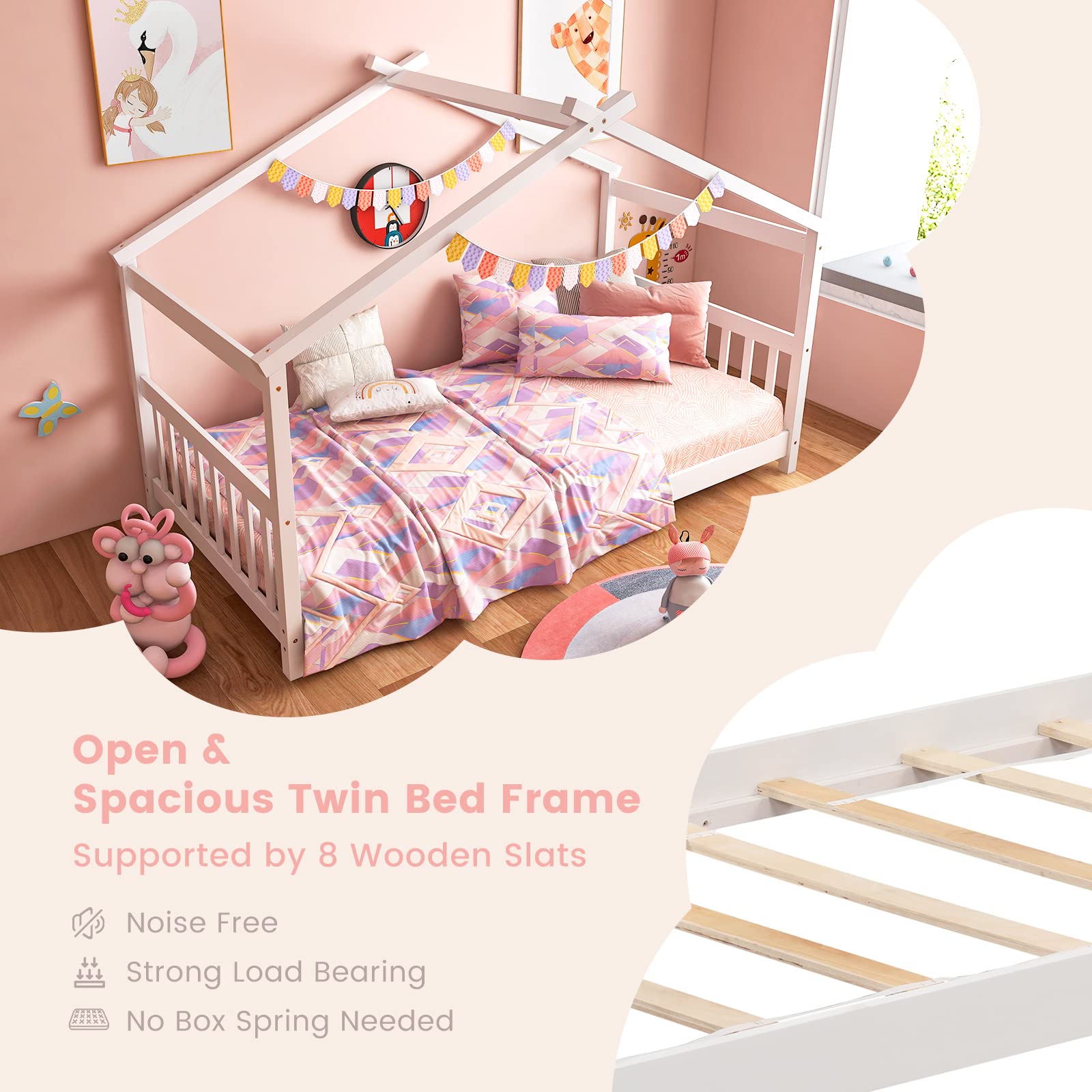 **Giantex Solid Wood Twin House Bed with Roof - Low Floor Kids Bed Frame for Toddlers, Teens, Boys & Girls - No Box Spring Needed - White - Perfect for Nursery, Playroom & Cozy Bedroom Decor**