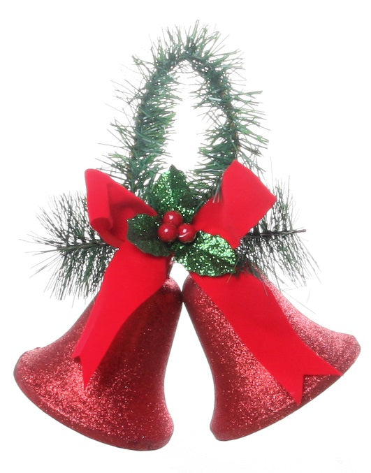 100MM Red Glitter Christmas Bell Ornament with Pine Handle - Holiday Tree Decor, Party Favors, Festive Home Decoration for Xmas, Winter Celebrations & Gift Giving