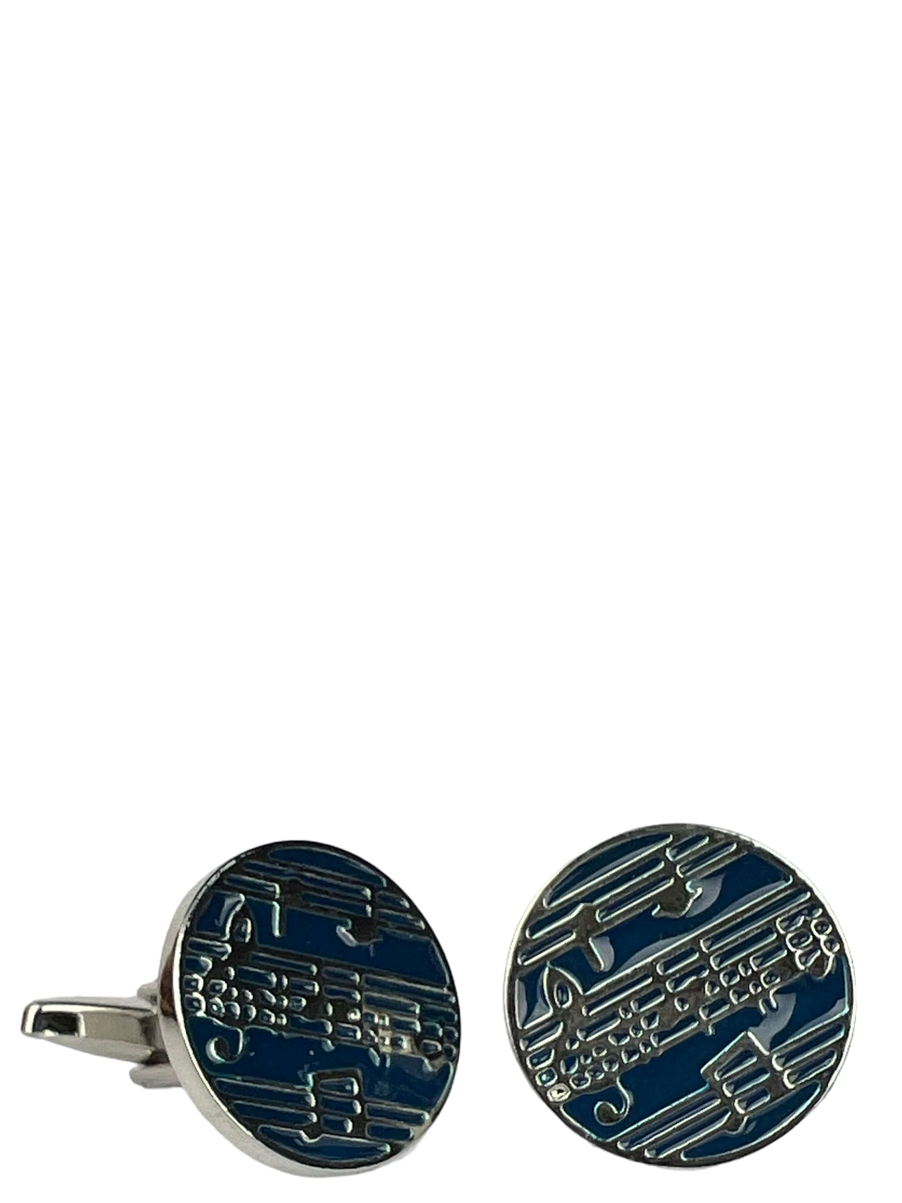 DÉCLIC Round Cufflinks with Sheet Music Design - Elegant Blue Dress Accessories for Weddings, Prom & Formal Events