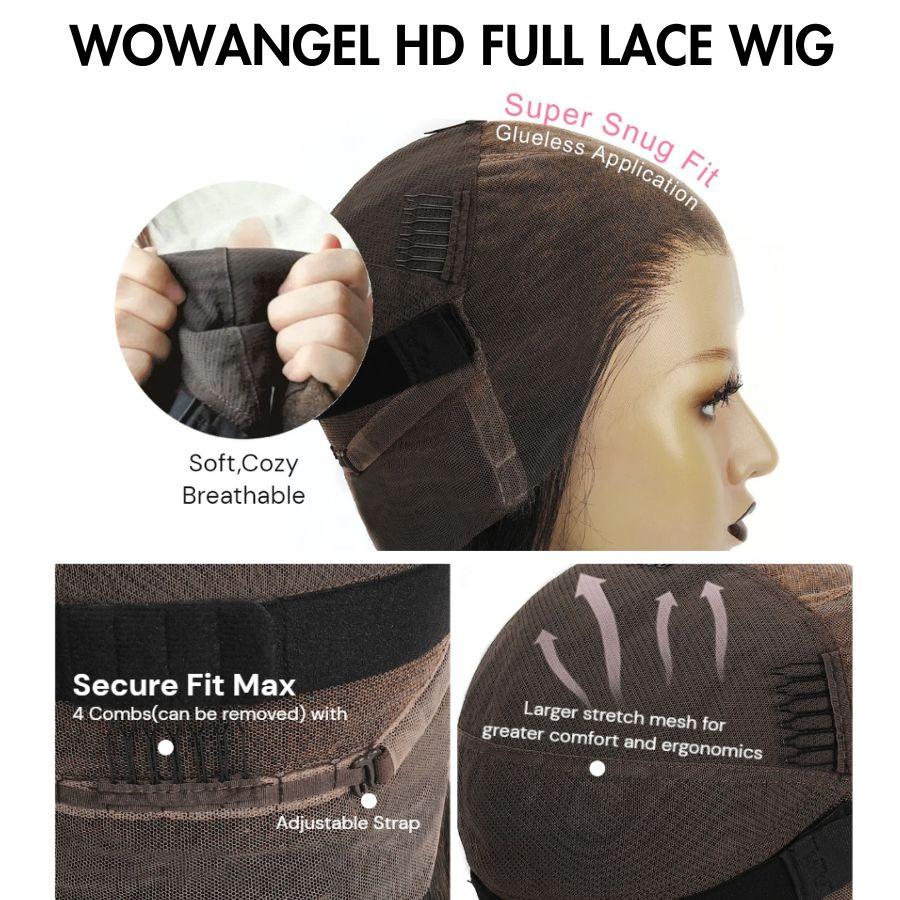 WOWANGEL Real HD Full Lace Wig Straight Human Hair Pre Plucked Natural Hairline for Women - Perfect for Daily Wear, Cosplay & Special Occasions
