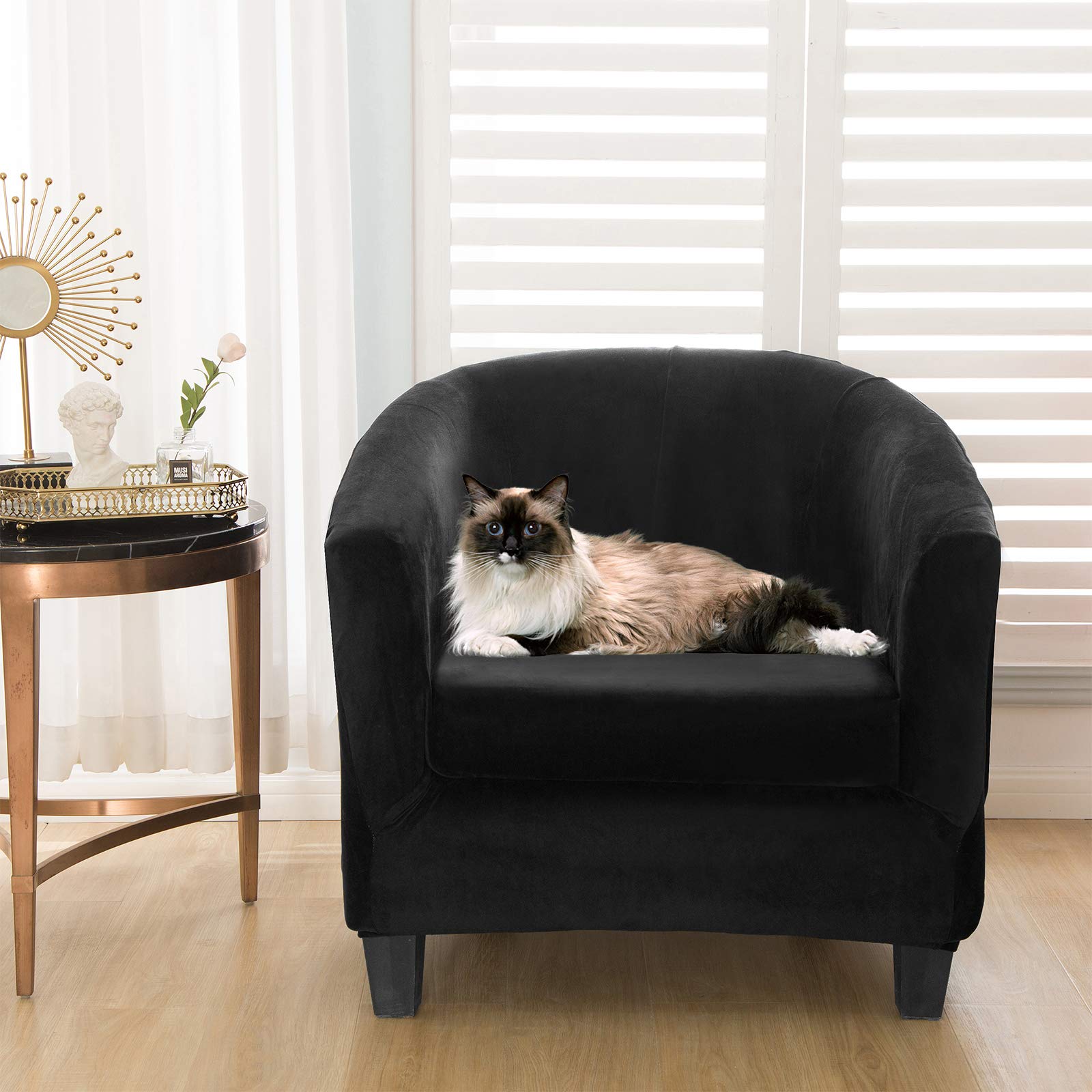2-Piece Velvet Club Chair Cover Set with Cushion Cover - Stretchable Jacquard Spandex Armchair Protector for Living Room, Bar, Hotel & Internet Cafe Furniture (Black, 1 Piece) - Perfect for Home Decor, Office Seating & Commercial Spaces