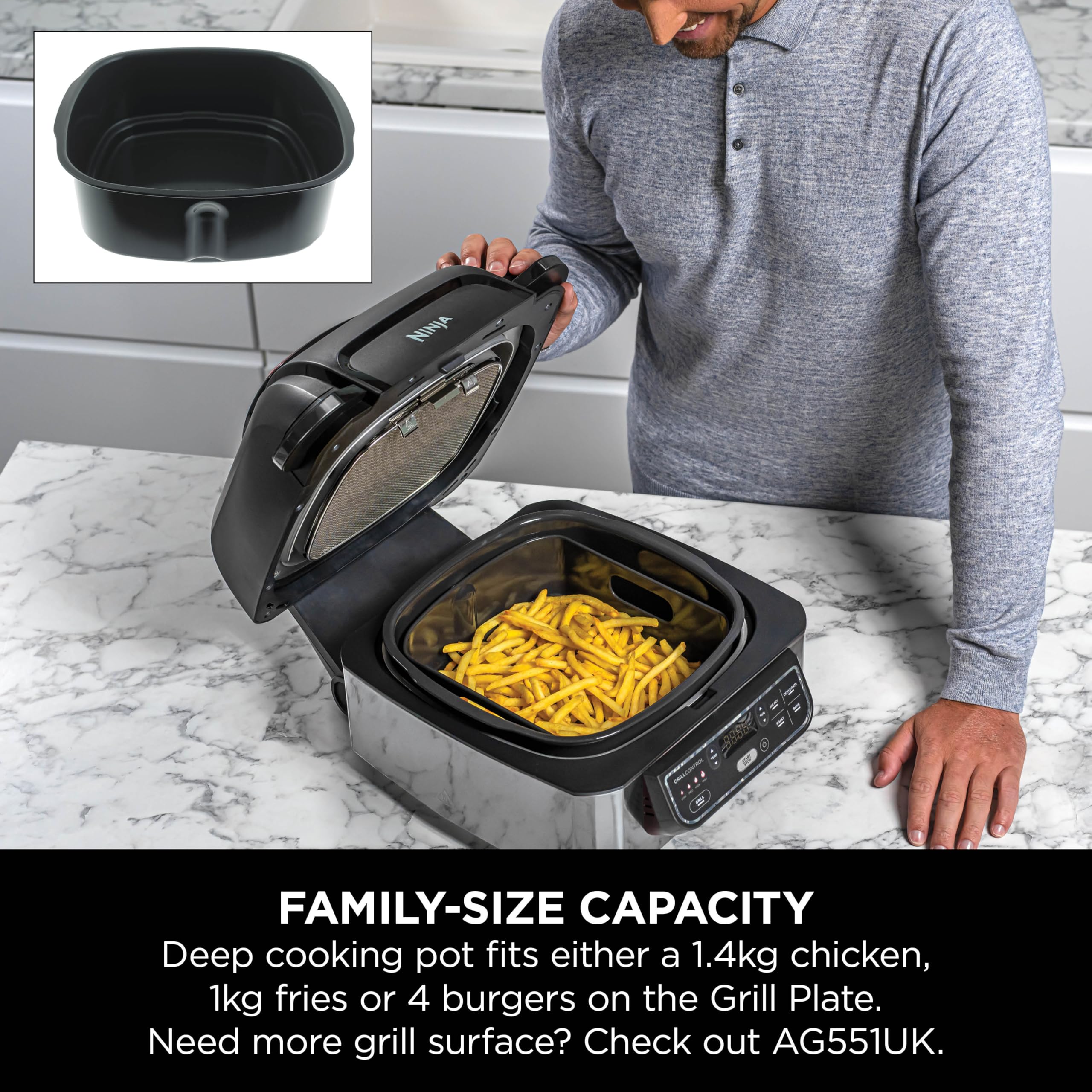 Ninja Foodi Max AG551UK Health Grill & Air Fryer - Grey | 5-in-1 Multi-Cooker for Grilling, Air Frying, Roasting, Baking & Dehydrating | Perfect for Healthy Meals, Family Dinners & Meal Prep
