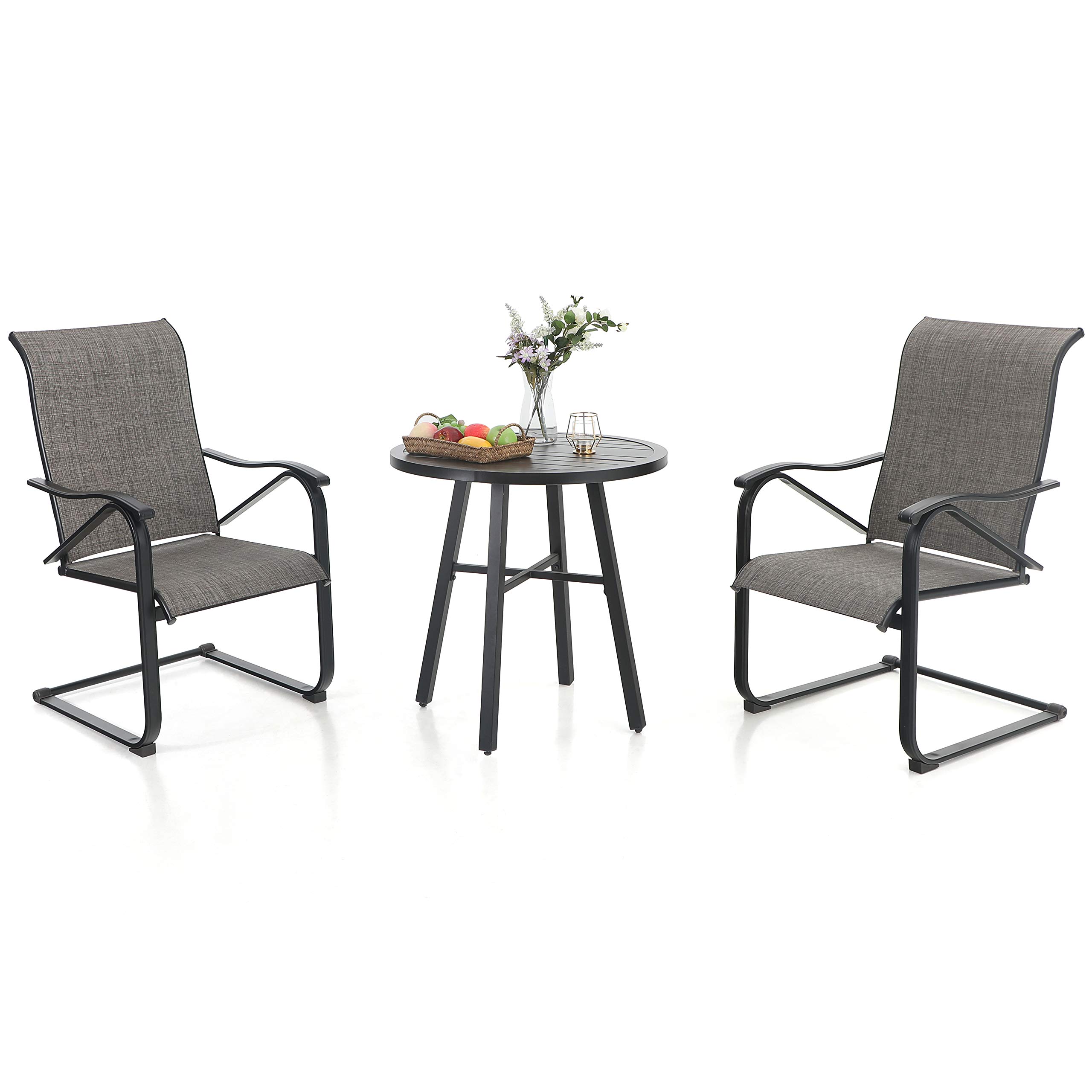 PHI VILLA 3-Piece Outdoor Bistro Set - Round Slatted Metal Table with 2 Spring Motion Chairs for Patio, Garden, Porch, Deck - Perfect for Small Space Dining, Coffee Break & Relaxing Outdoors