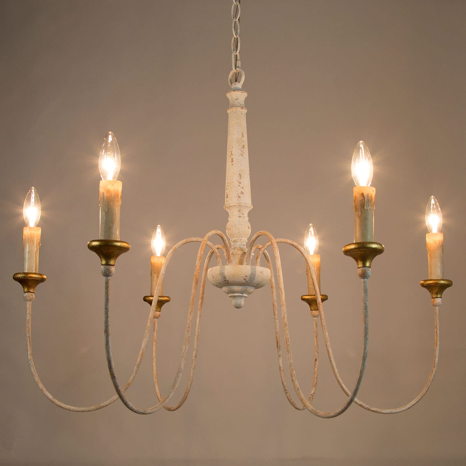 Farmhouse Chandelier - 6-Light French Country Wood Ceiling Light Fixture in Distressed White Finish, 30.5” Diameter x 25.5” Height - Perfect for Dining Room, Living Room, Kitchen Island or Entryway Lighting