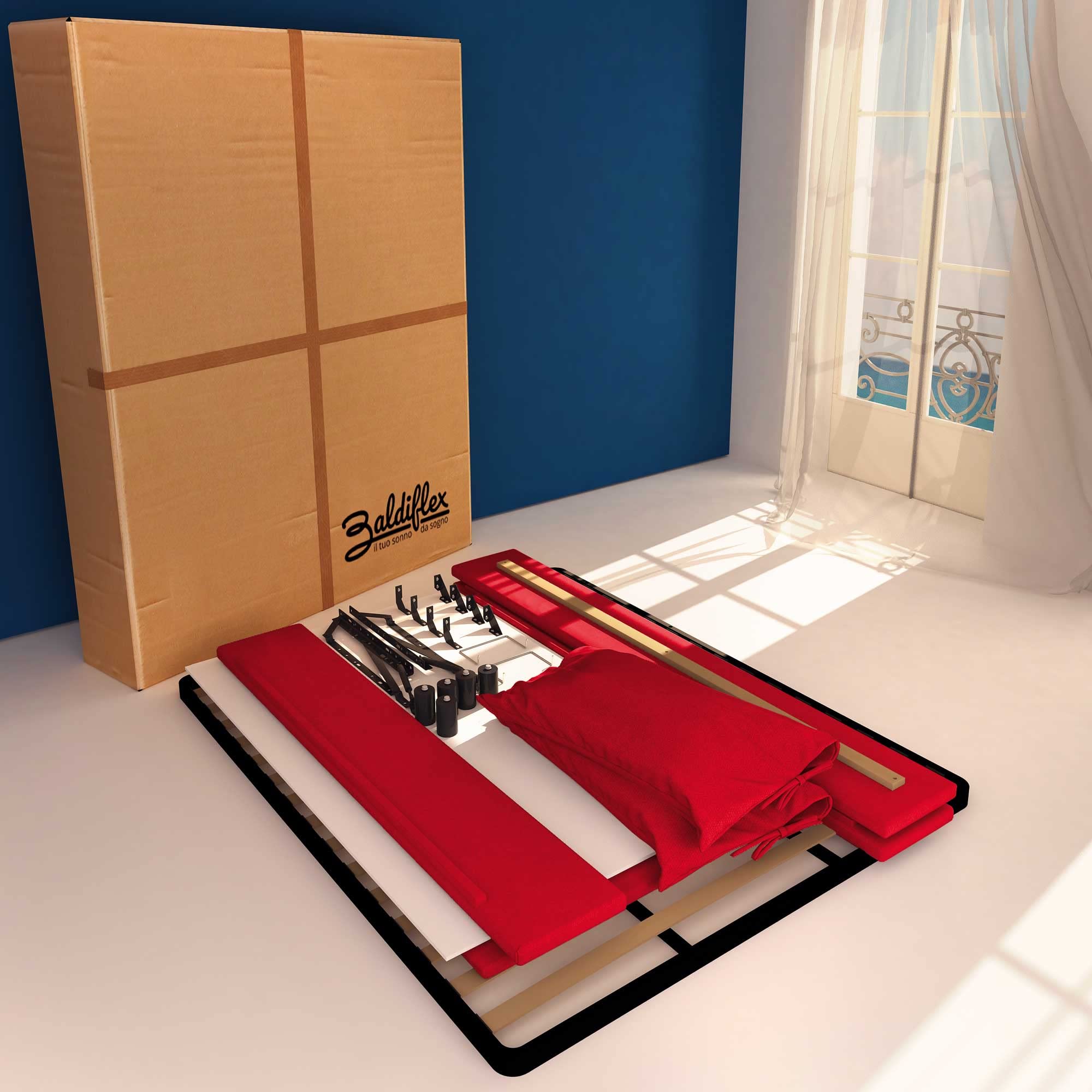Baldiflex Single Bed with Storage - Licia Soft Synthetic Leather, Slatted Base for Single Mattress, 120 x 190 cm, Padded Headboard, Red - Perfect for Small Bedrooms, Guest Rooms & Studio Apartments