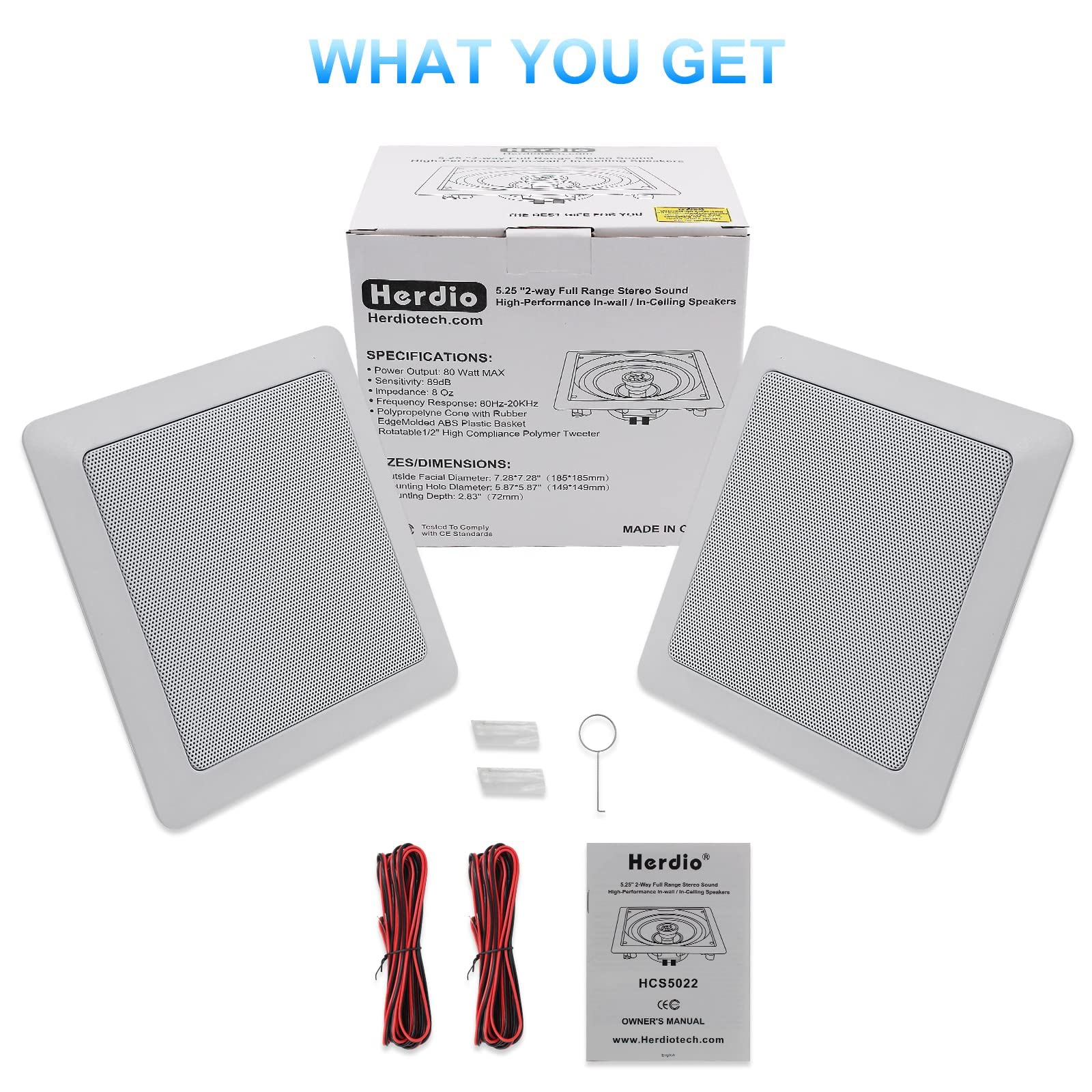 Herdio 5.25 Inch 160W 2-Way Passive Ceiling Speakers Pair - Square Flush Mount In-Wall Speakers for Home Theater, Living Room, Office - Perfect for Background Music & Surround Sound Systems