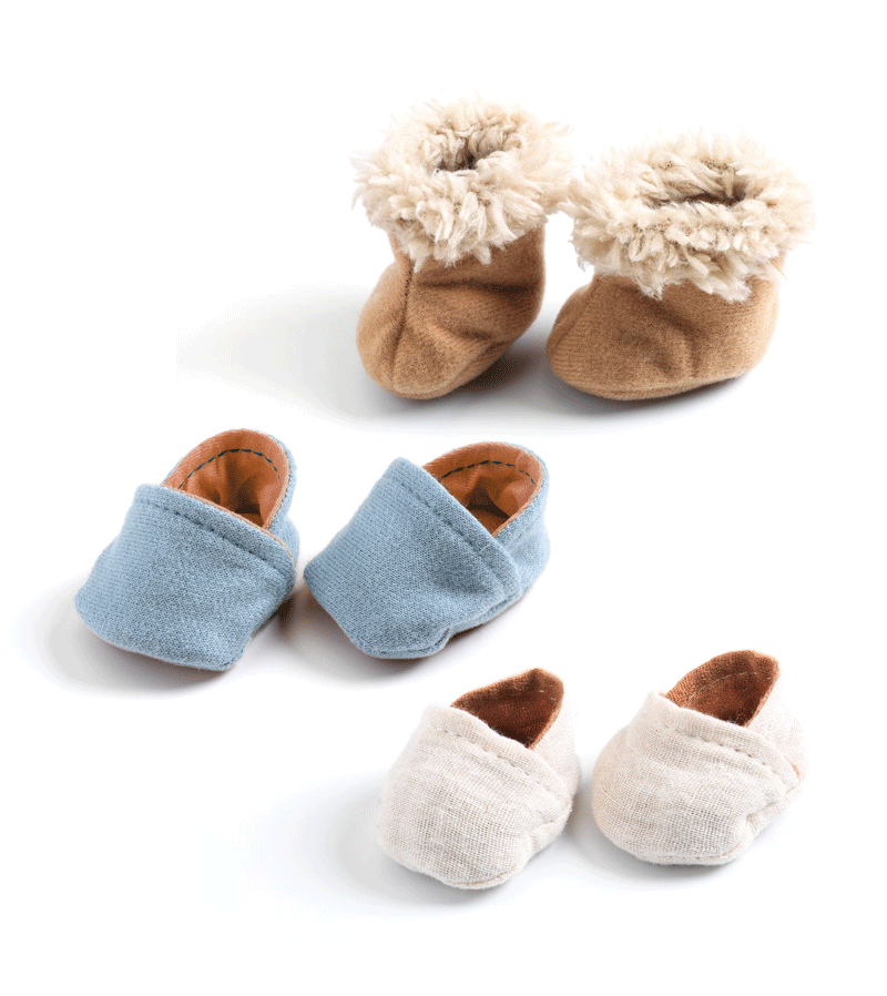Djeco POMEA Doll's 3 Pairs of Slippers - Soft & Comfortable Baby Doll Shoes for Pretend Play, Dress Up, and Role Playing Games | Perfect for Toddlers & Kids Ages 3+