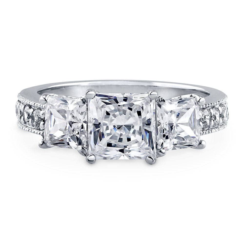 BERRICLE Sterling Silver 3-Stone Princess Cut Cubic Zirconia Engagement Ring for Women - 1.6 Carat CZ Wedding Promise Ring, Rhodium Plated Size 4-10 | Perfect for Proposals, Anniversaries & Special Occasions
