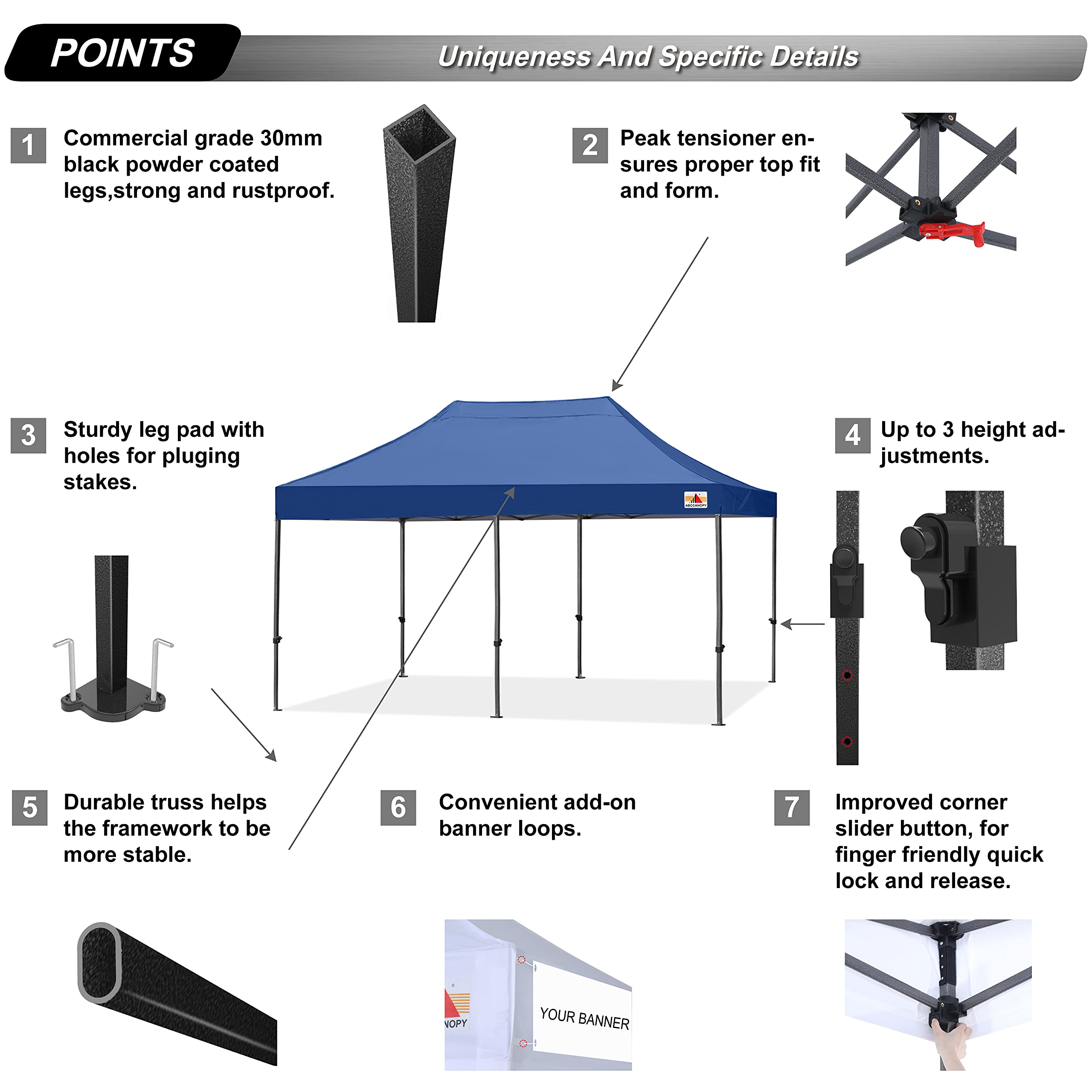 ABCCANOPY 10x20 Commercial-Series Pop Up Canopy Tent - Navy Blue Outdoor Shelter for Patio, Backyard, Camping & Events - Waterproof & UV Protection