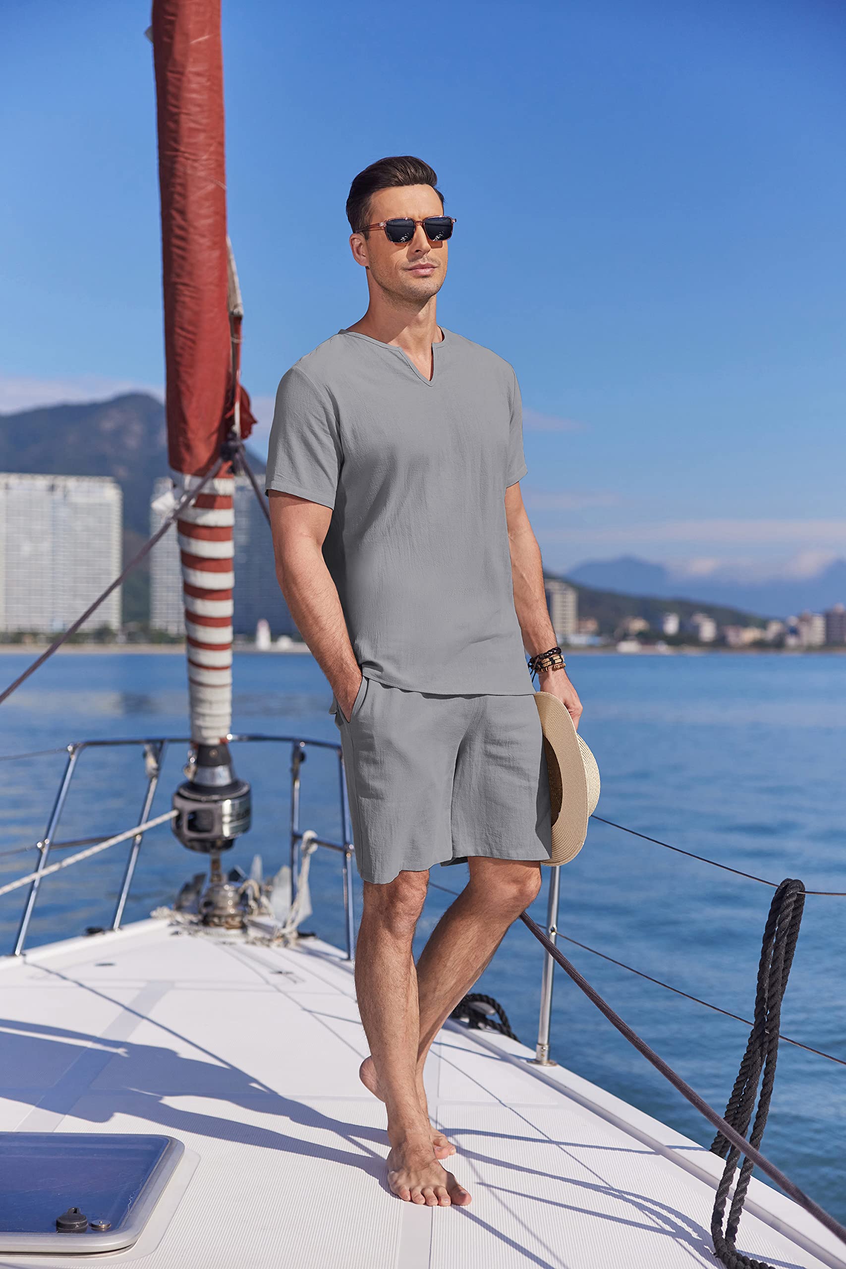 COOFANDY Men's 2-Piece Cotton Linen Summer Outfit - Short Sleeve V-Neck Shirt & Drawstring Casual Pants with Pockets | Beachwear, Vacation, Lounge & Street Style Fashion