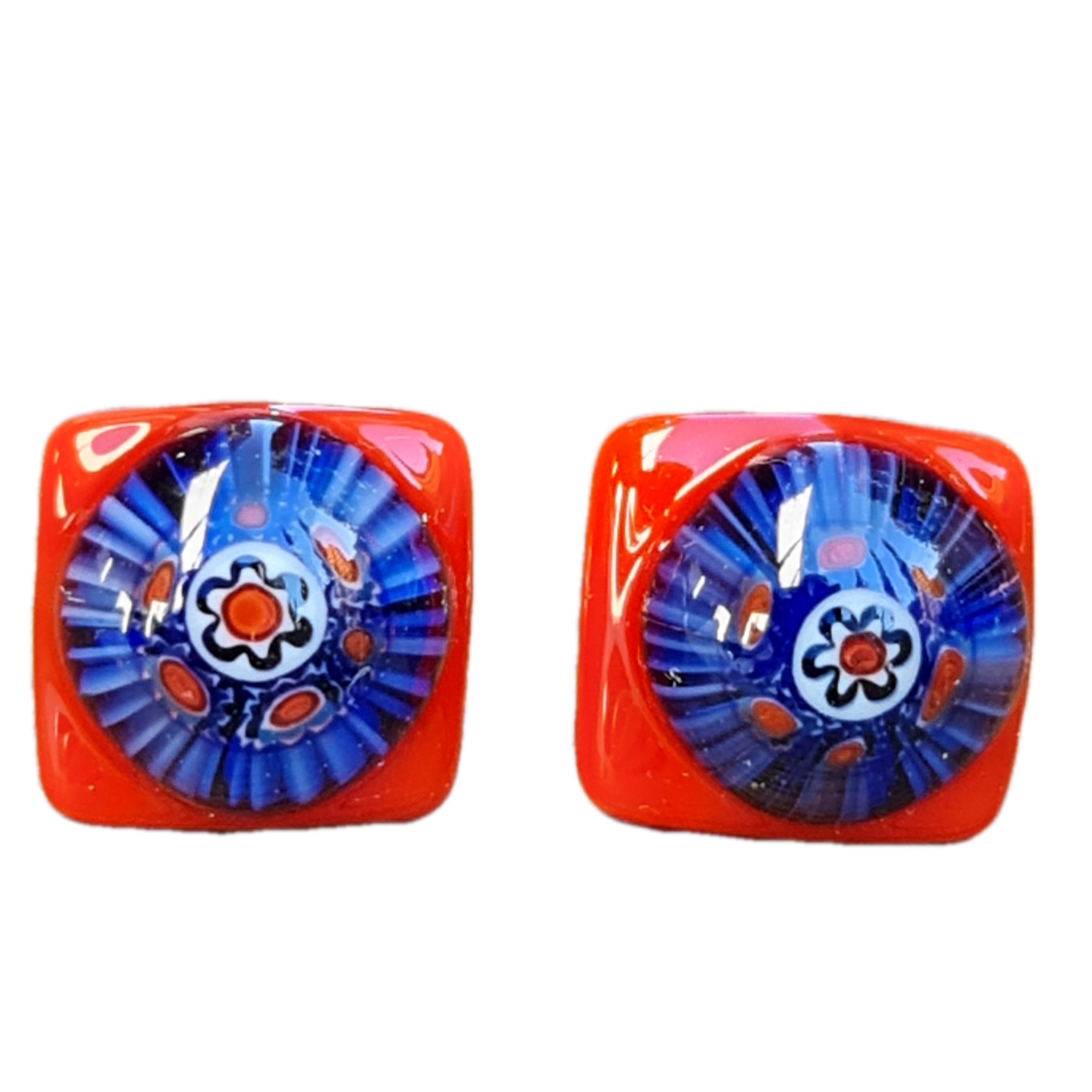 Handmade Artisan Glass Stud Earrings - Millifiori Red and Blue Floral Design - Perfect for Gifts, Weddings, and Special Occasions