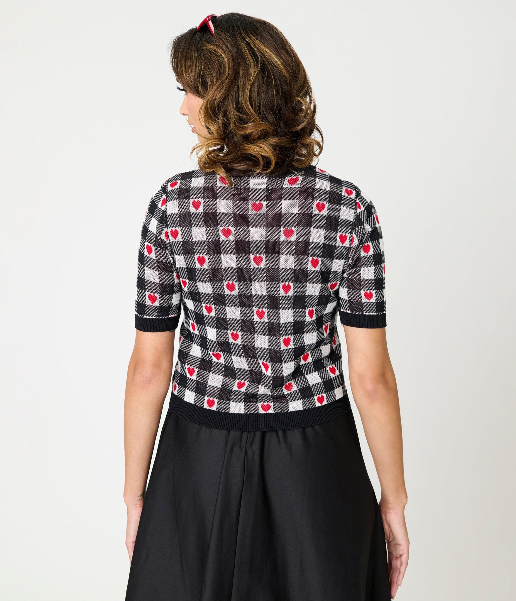 Hell Bunny Black & White Gingham Red Heart Cropped Cardigan - Vintage Style Women's Sweater for Casual Outfits & Date Nights
