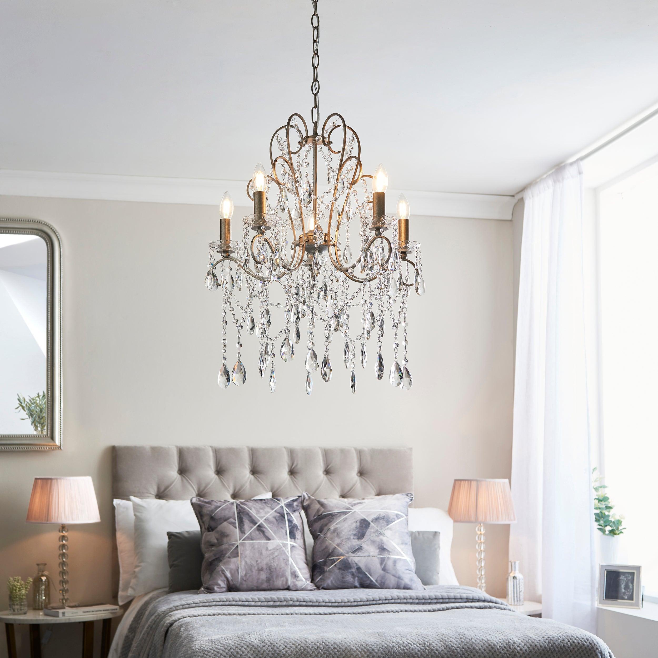 Berkley 5-Light Antique Silver & Crystal Glass Chandelier Pendant Lighting - Perfect for Dining Room, Foyer, or Bedroom Ceiling Decor