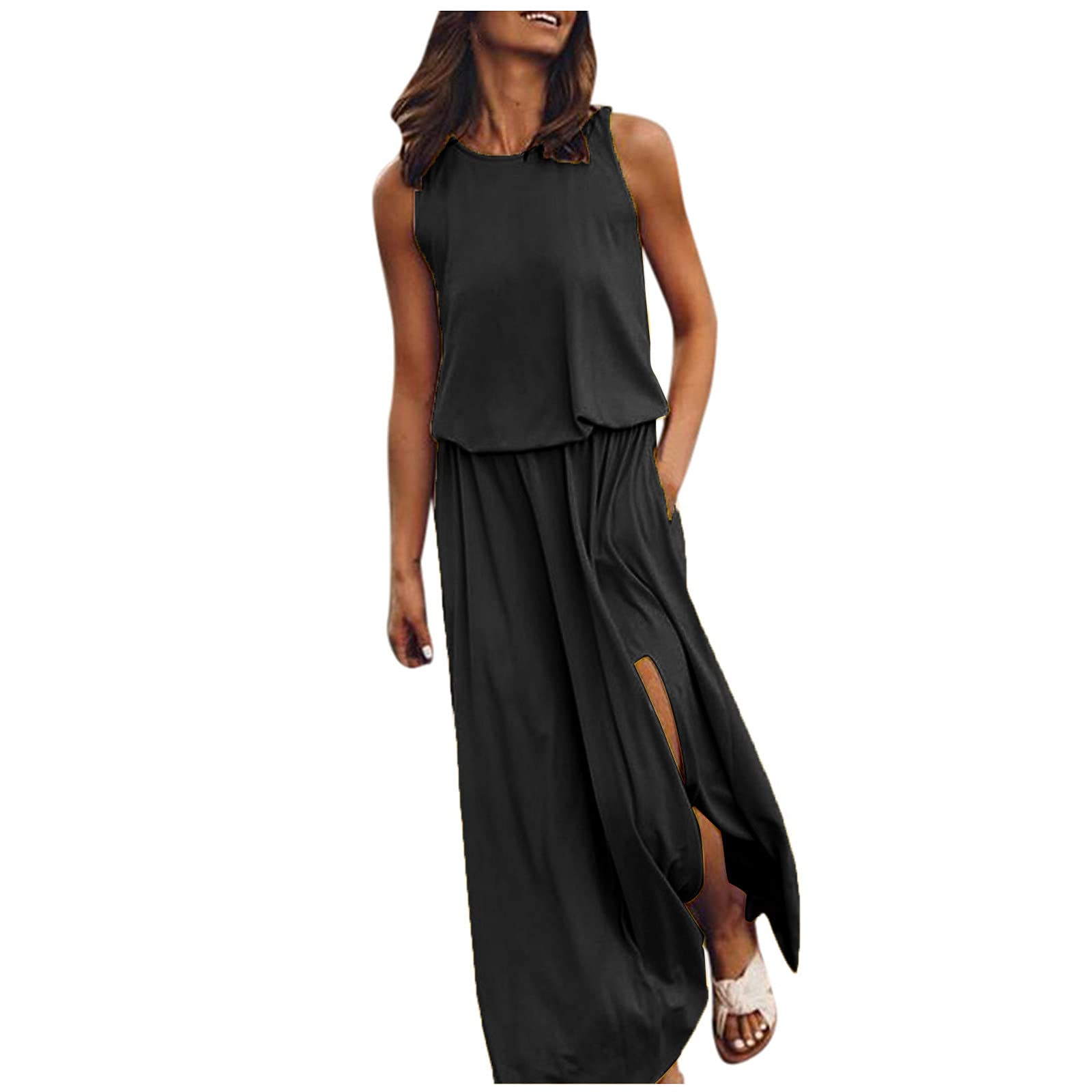 Cllios Women's Summer Sleeveless Maxi Dress - Solid Color Slit Dress with Pockets | Casual Beach Wear, Party Outfit & Vacation Dress