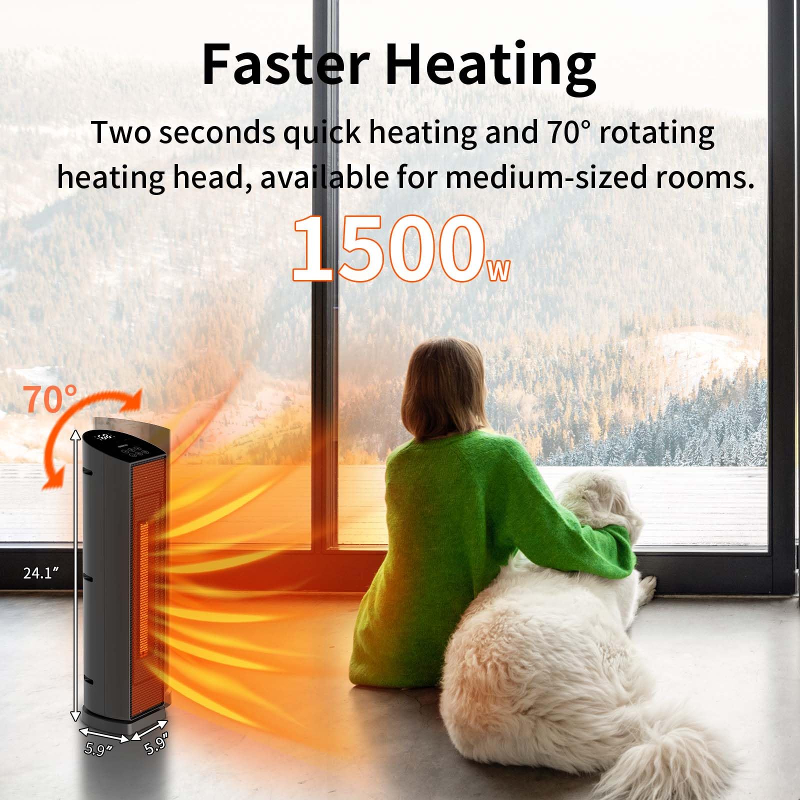 70° Oscillating Tower Space Heater with Remote - 1500W PTC Ceramic Heater with Thermostat, 24 Inch Indoor Electric Heater, 12H Timer & Quiet Operation - Perfect for Office, Home, Bedroom & Winter Warmth
