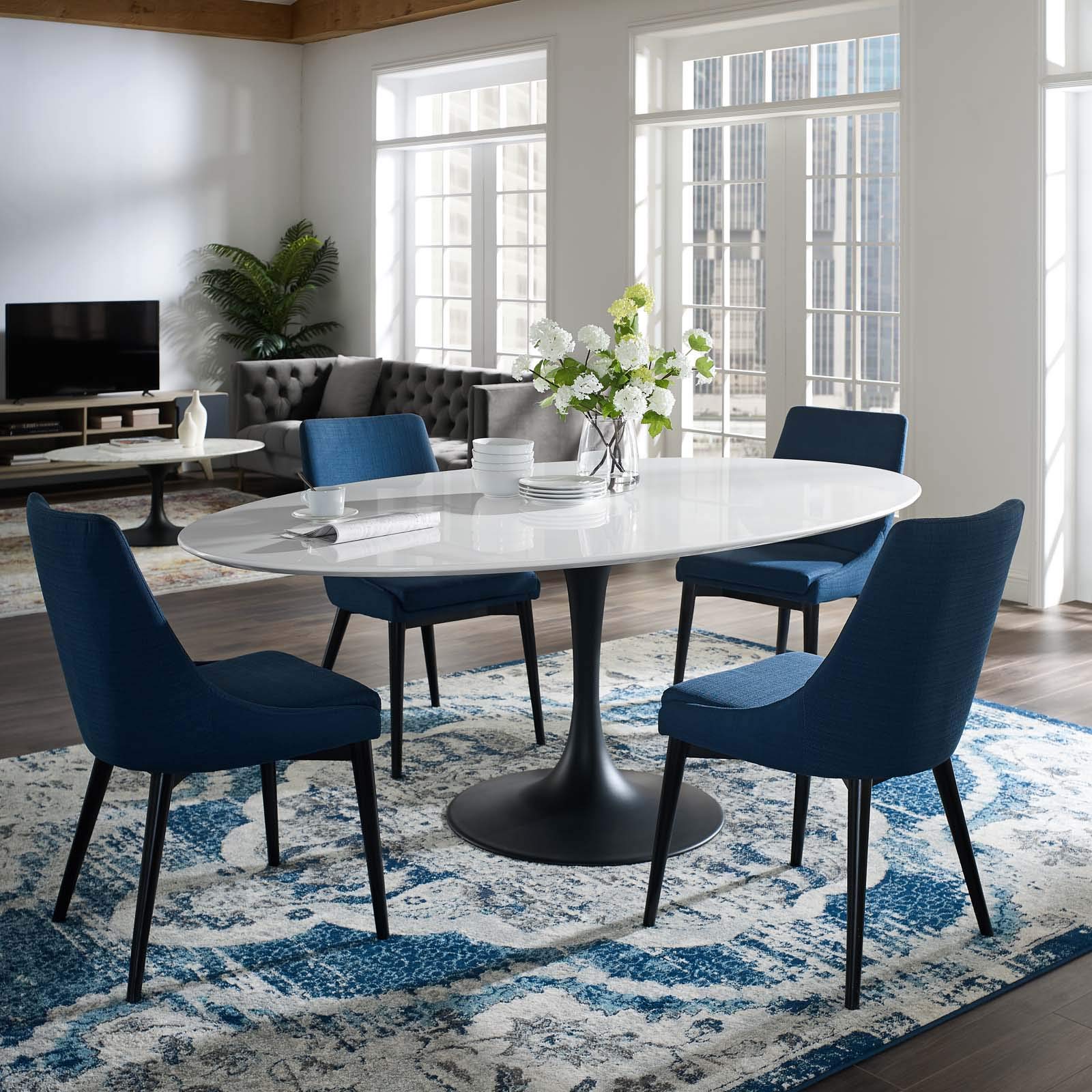 Modern Urban Designer Oval Dining Table - Wood & Aluminum - Black & White - Perfect for Contemporary Kitchen & Dining Room Decor