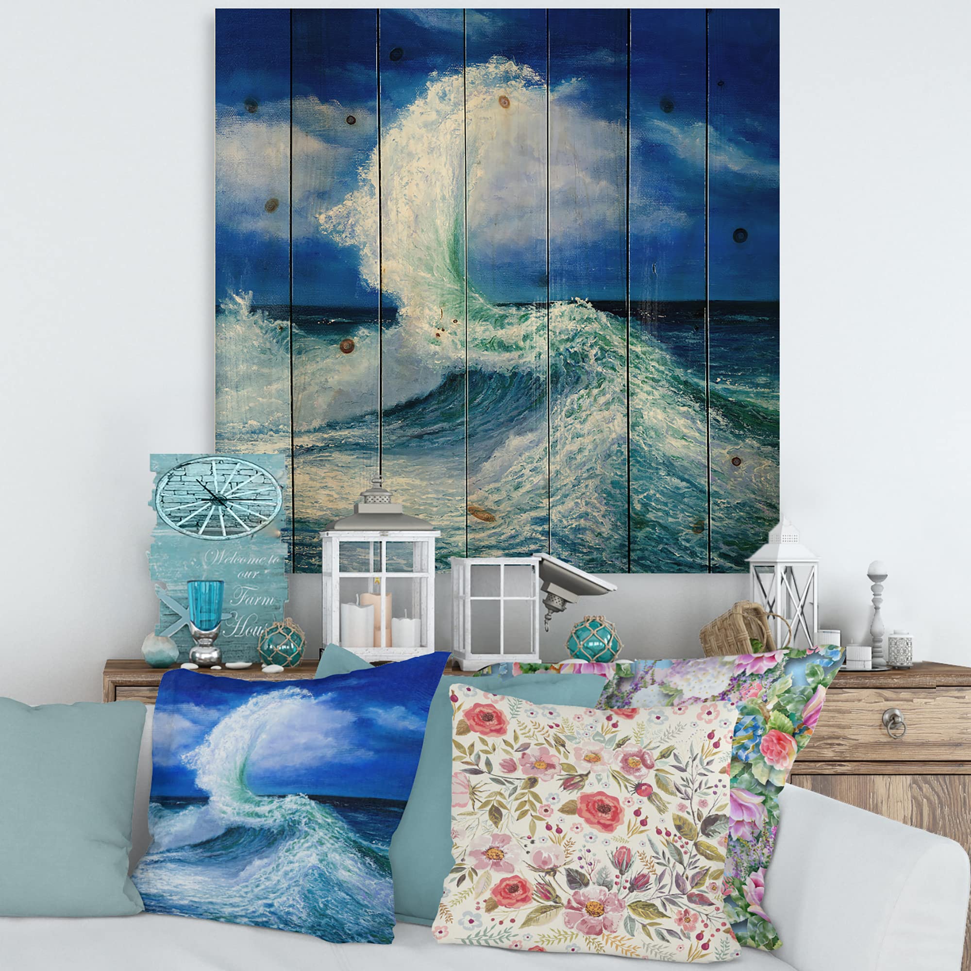 DesignQ Ocean Wave Wood Wall Art - Large Nautical Coastal Decor Printed on Natural Pine Wood - Perfect for Beach House, Living Room & Office Wall Decor