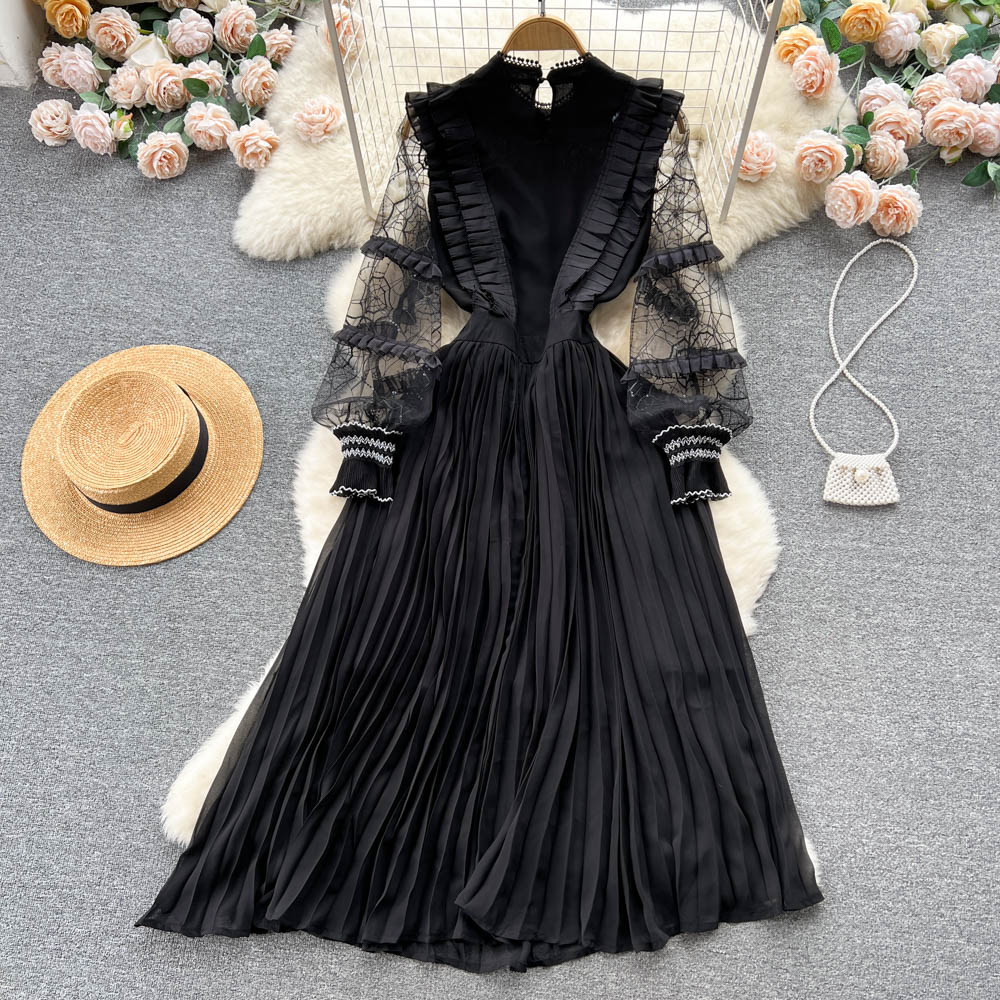 Elegant Black Mesh Long Sleeve Pleated Dress for Women - Perfect for Evening Parties, Date Nights & Special Occasions