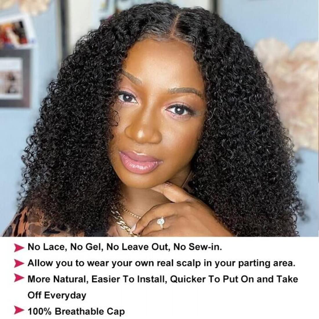 UNICE V Part Human Hair Wig - Kinky Curly Brazilian Virgin Hair with Drawstring | Glueless No Leave Out U Part Wig for Women | Beginner Friendly 150% Density 24 Inch | Perfect for Daily Wear, Parties & Protective Styling