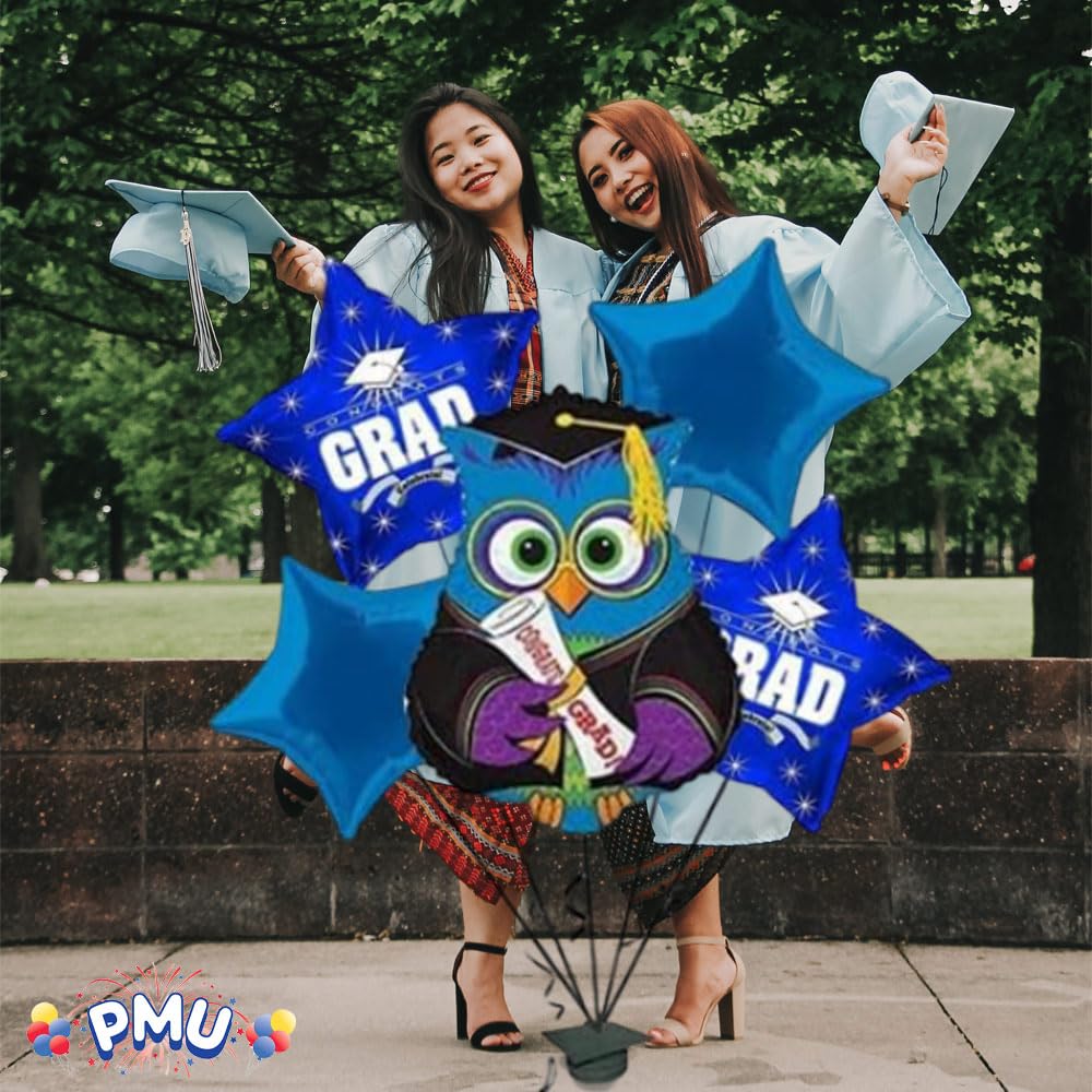 PMU Congrats Grad Balloon Bouquet - Graduation Decoration Mylar Balloons Set of 5 | Celebrate Success with Vibrant Blue 'Wise Owl Grad' Balloons | Perfect for Graduation Parties, School Events & Photo Backdrops