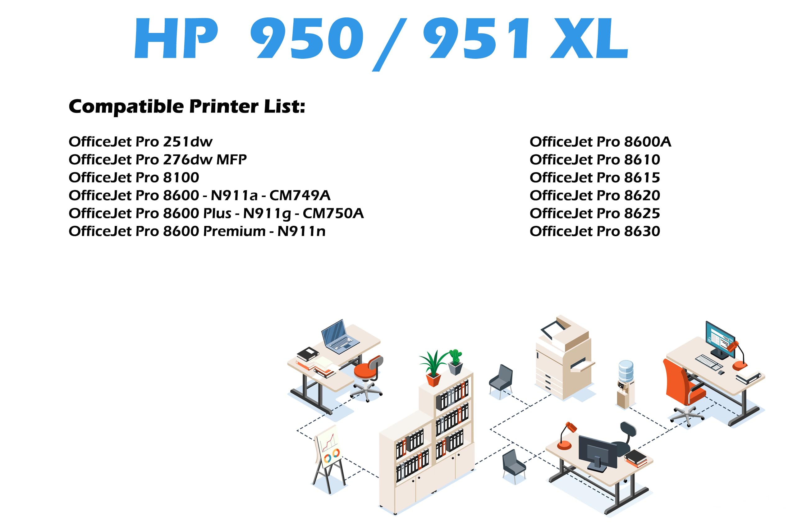 HP 950XL 951XL Compatible Ink Cartridges - High Yield Replacement for HP Officejet 8100 8600 8610 8620 8630 8640 8660 8615 8625 251DW 276DW Printers (2 Black) - Perfect for Home Office Printing & High Volume Documents