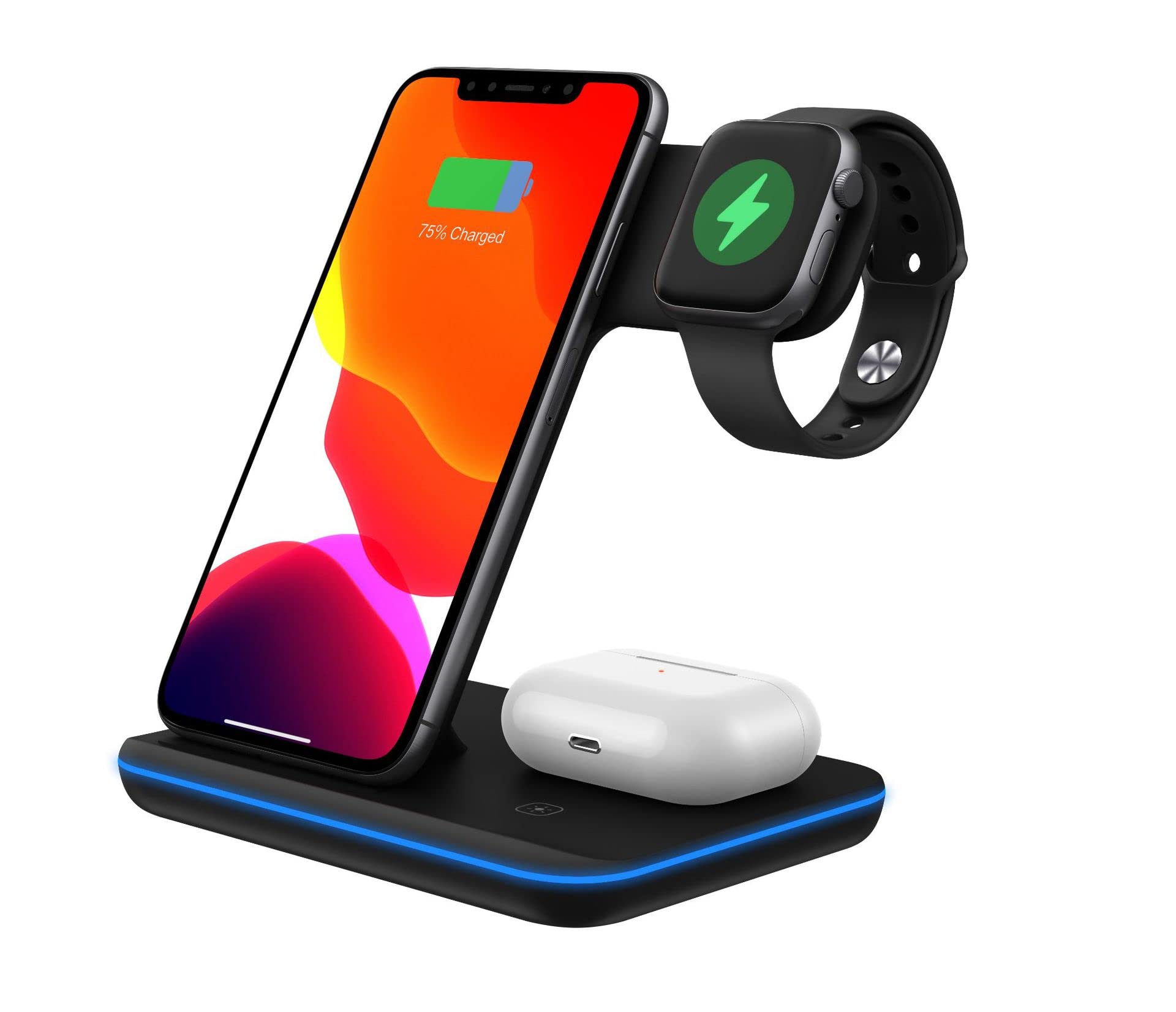 3-in-1 Qi Certified Wireless Charging Station for iPhone 13/12/11/Pro/Max/XS/XR/X, Apple Watch Series 7/6/SE/5/4/3/2 & AirPods Pro/3/2/1 - Fast All-in-One Charger for Bedside, Office & Travel (Z5, Black)