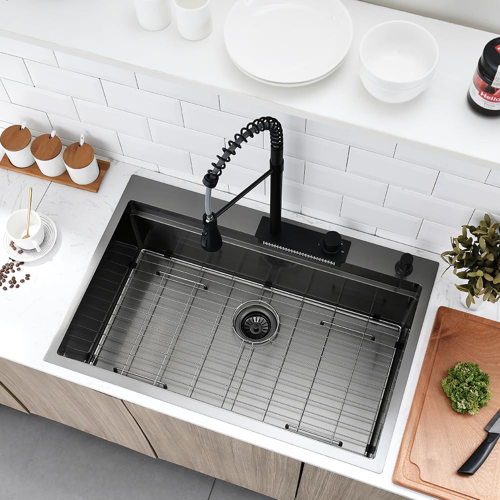 33x22 Inch Gunmetal Black Stainless Steel Drop-in Kitchen Sink Workstation with Waterfall Faucet Combo - 16 Gauge Top Mount Multifunctional Single Bowl Sink for Modern Home & Restaurant Use