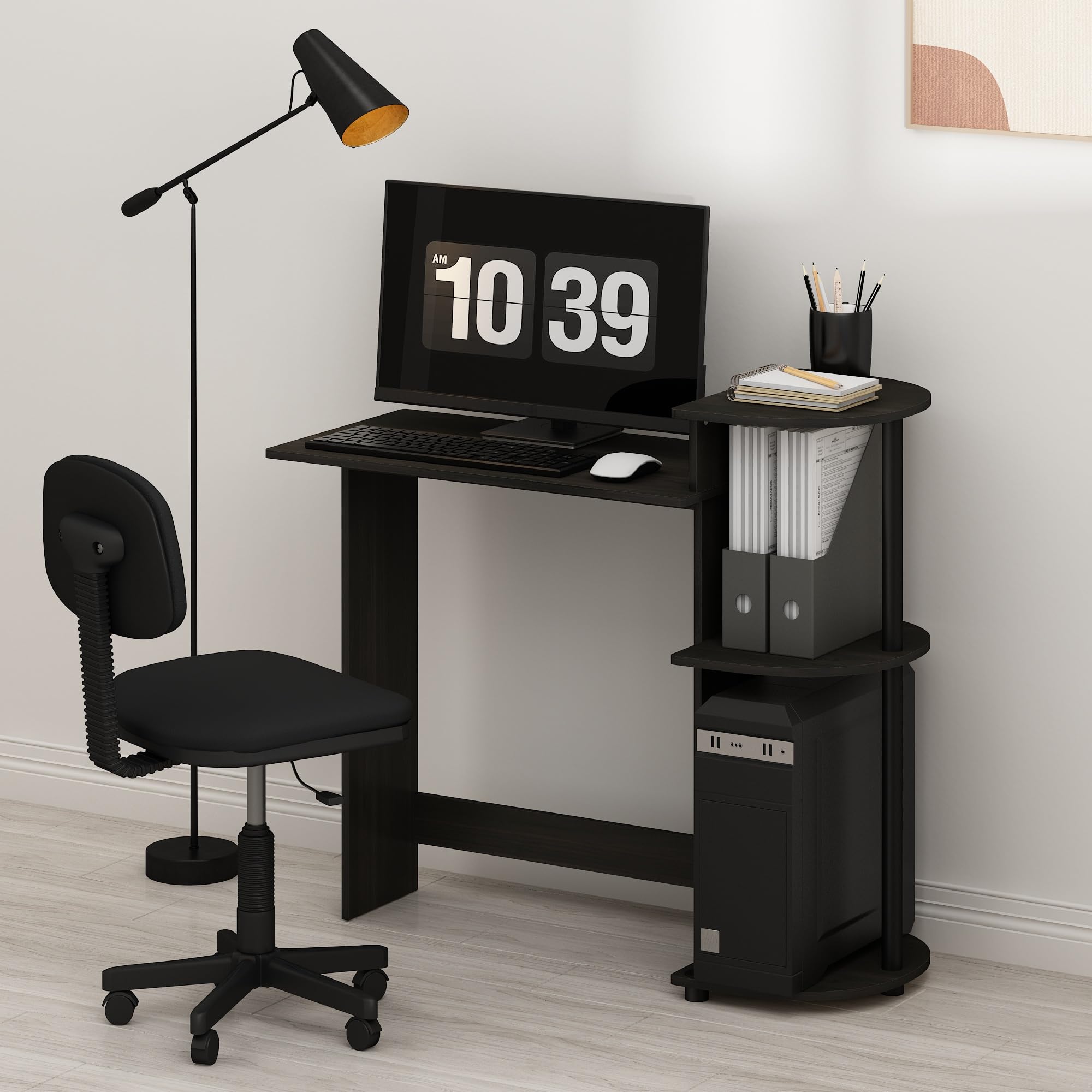 Furinno Compact Computer Desk with Shelves - Small Round Corner Desk for Home Office, Espresso/Black Finish | Perfect for Small Spaces, Dorm Rooms & Apartment Workspaces