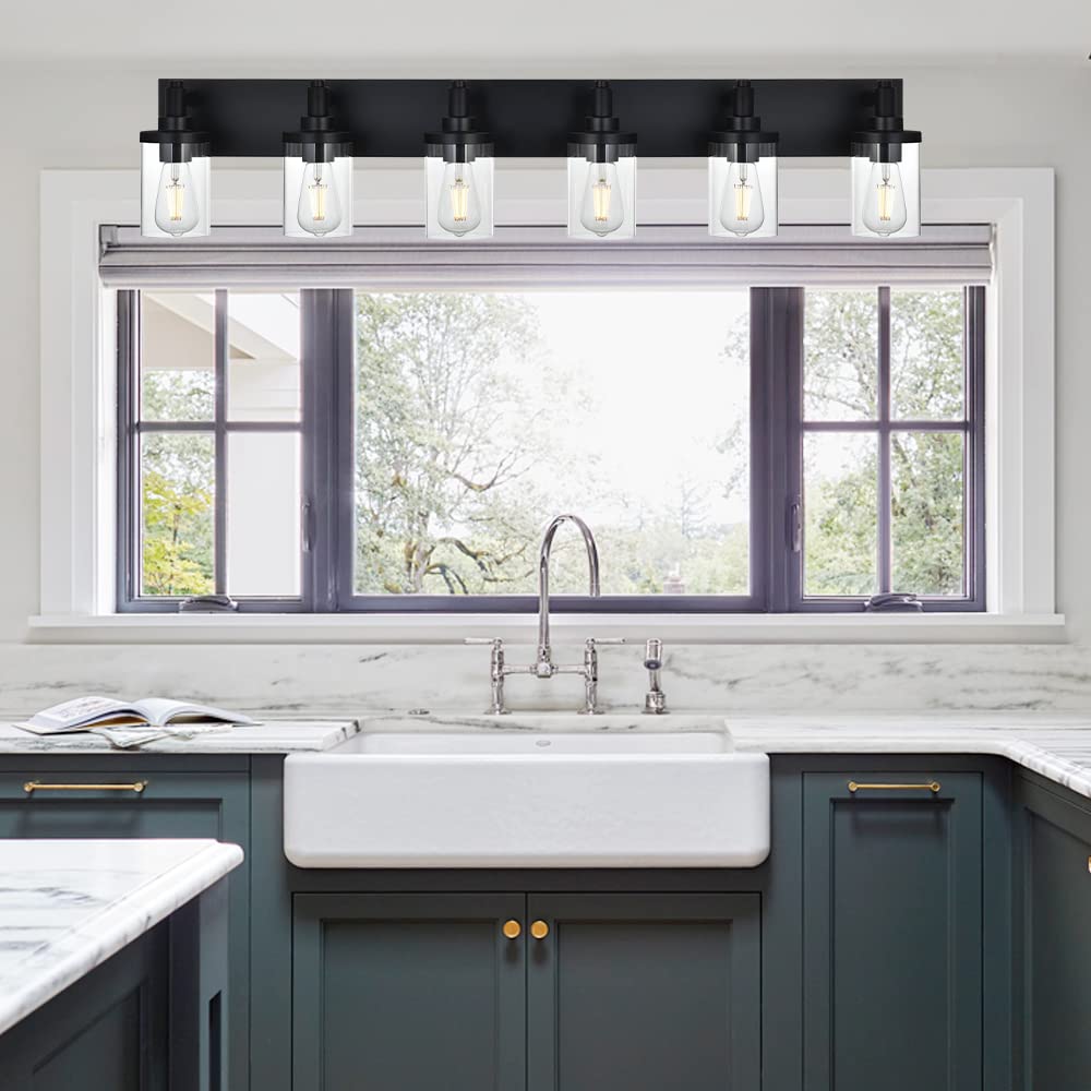 Vintage 6-Light Black Bathroom Vanity Light Fixture with Clear Glass Shade - Wall Mounted Lighting for Mirror, Kitchen, Living Room, Dresser, Bedroom & Corridor - Perfect for Modern & Classic Home Decor