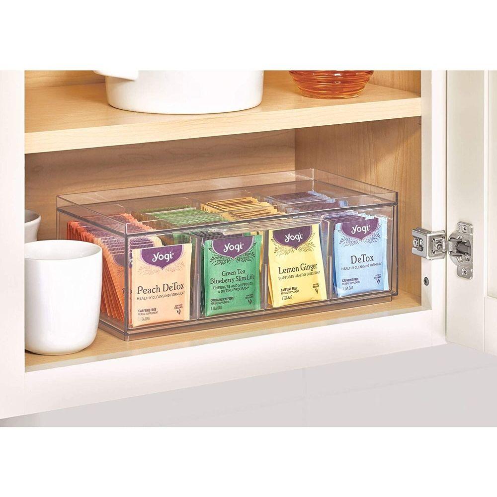 iDesign Crisp 4 Compartment Tea Box Drawer - Organize & Store Tea Bags, Herbs & Spices - Perfect for Kitchen, Pantry & Office Organization