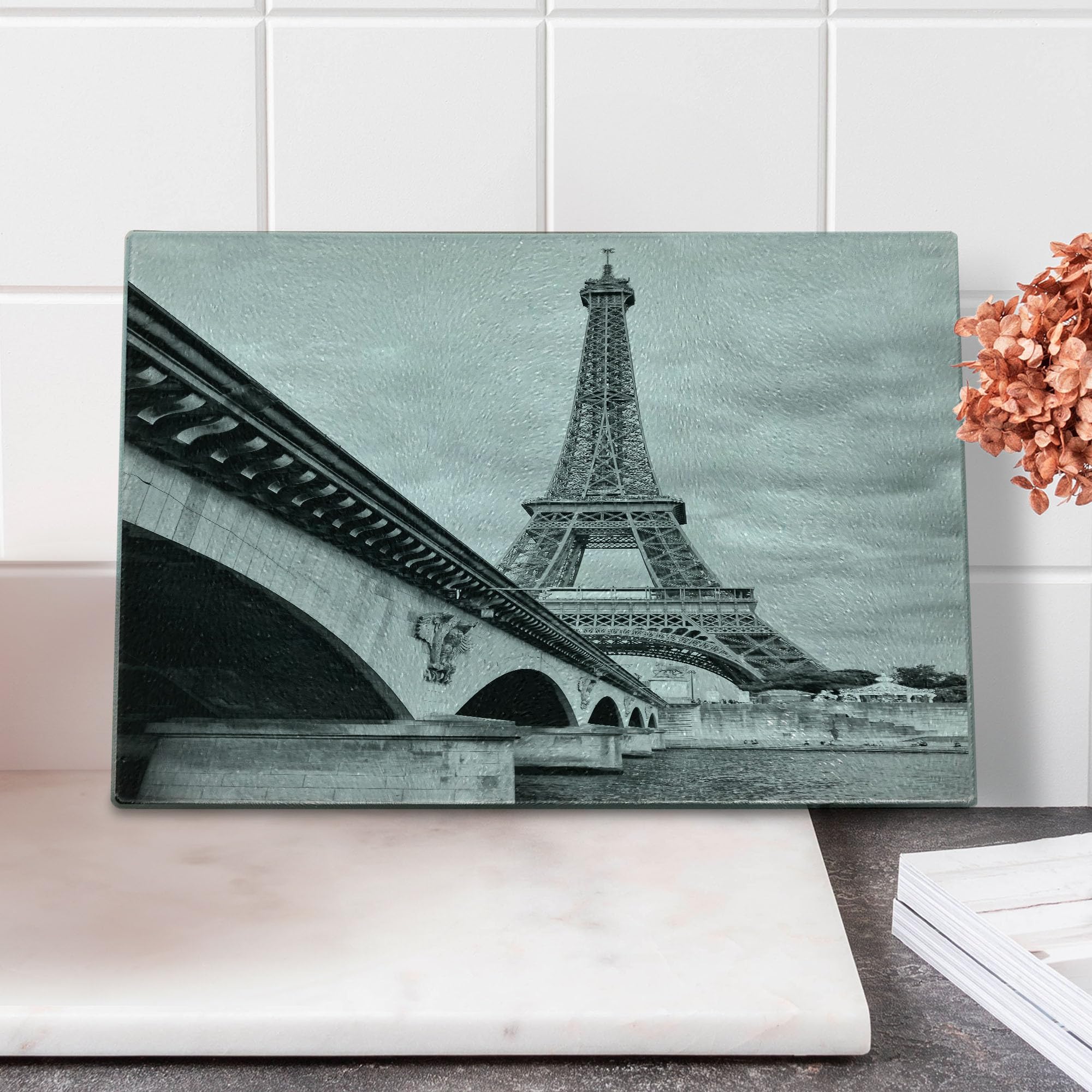 Lunarable Eiffel Tower Tempered Glass Cutting Board - Monochromatic Art of Cloudy Sky View from Seine River - Small Black & White Serving Board for Kitchen & Entertaining - Perfect for Cheese Platters, Charcuterie & Home Decor