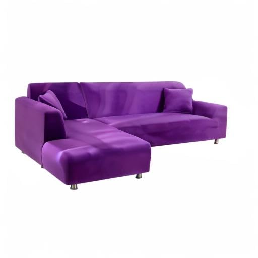 L-Shape Sectional Sofa Cover 2-Piece Stretchable Polyester Slipcover for L-Shaped Couches - Furniture Protector with 2 Pillow Covers (Purple, 2+3 Seater) - Perfect for Living Room, Family Room & Home Theater Decor