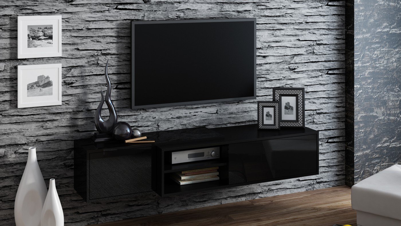 Sigma 1 TV Stand for Flat Screen TVs - Modern Black Entertainment Center with Storage Shelves - Perfect for Living Room, Bedroom & Home Theater Setup