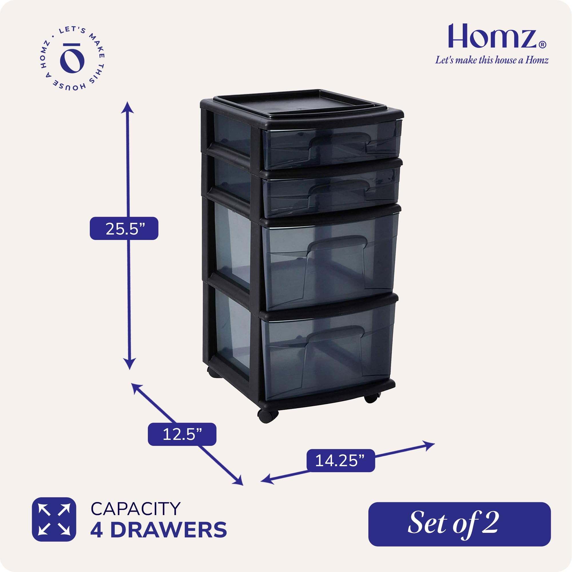 HOMZ 2-Pack 4-Tier Clear Black Plastic Storage Drawer Tower Organizer Cart with Black Frame - Perfect for Bedroom, Bathroom, Office & Closet Organization