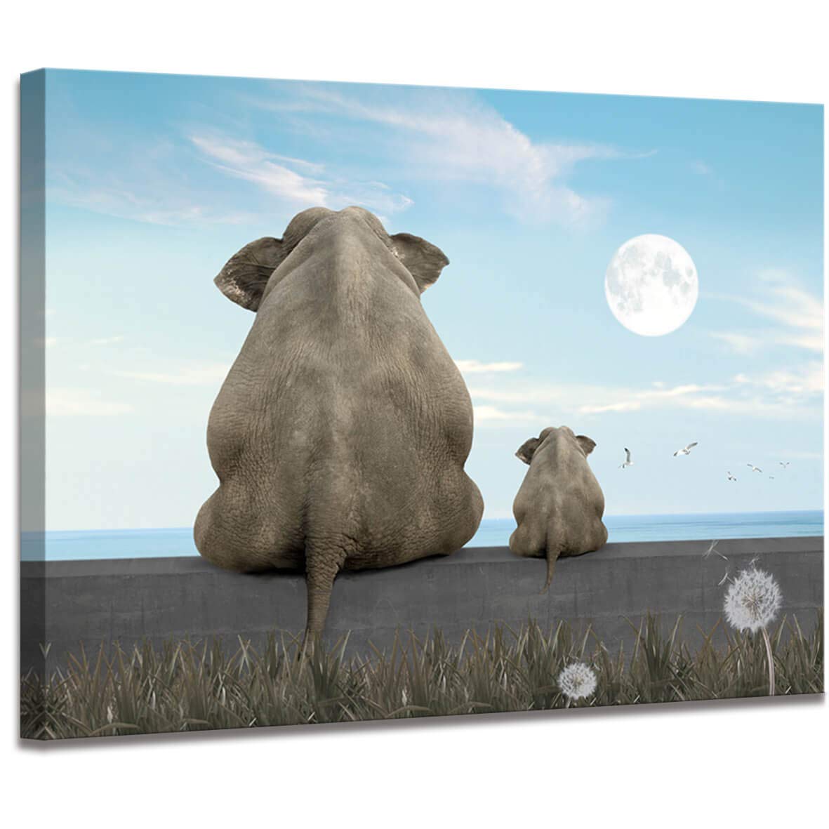 Elephant Canvas Wall Art - African Elephant Watching Moon with Dandelion - Stretchable Ready-to-Hang Home Decor for Living Room, Bedroom & Office