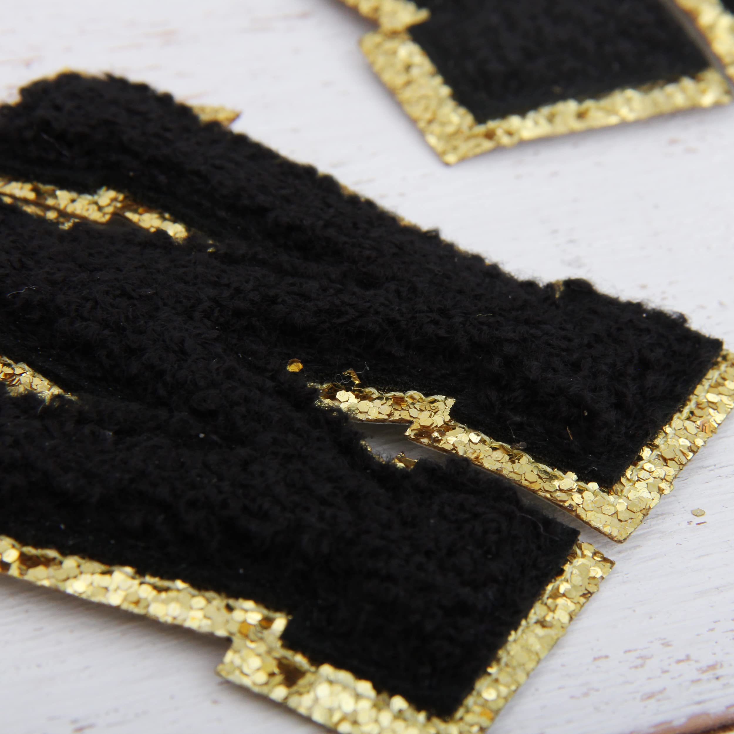 3 Pack Black Chenille Iron On Glitter Varsity Letter Patches - 8cm Tall 
