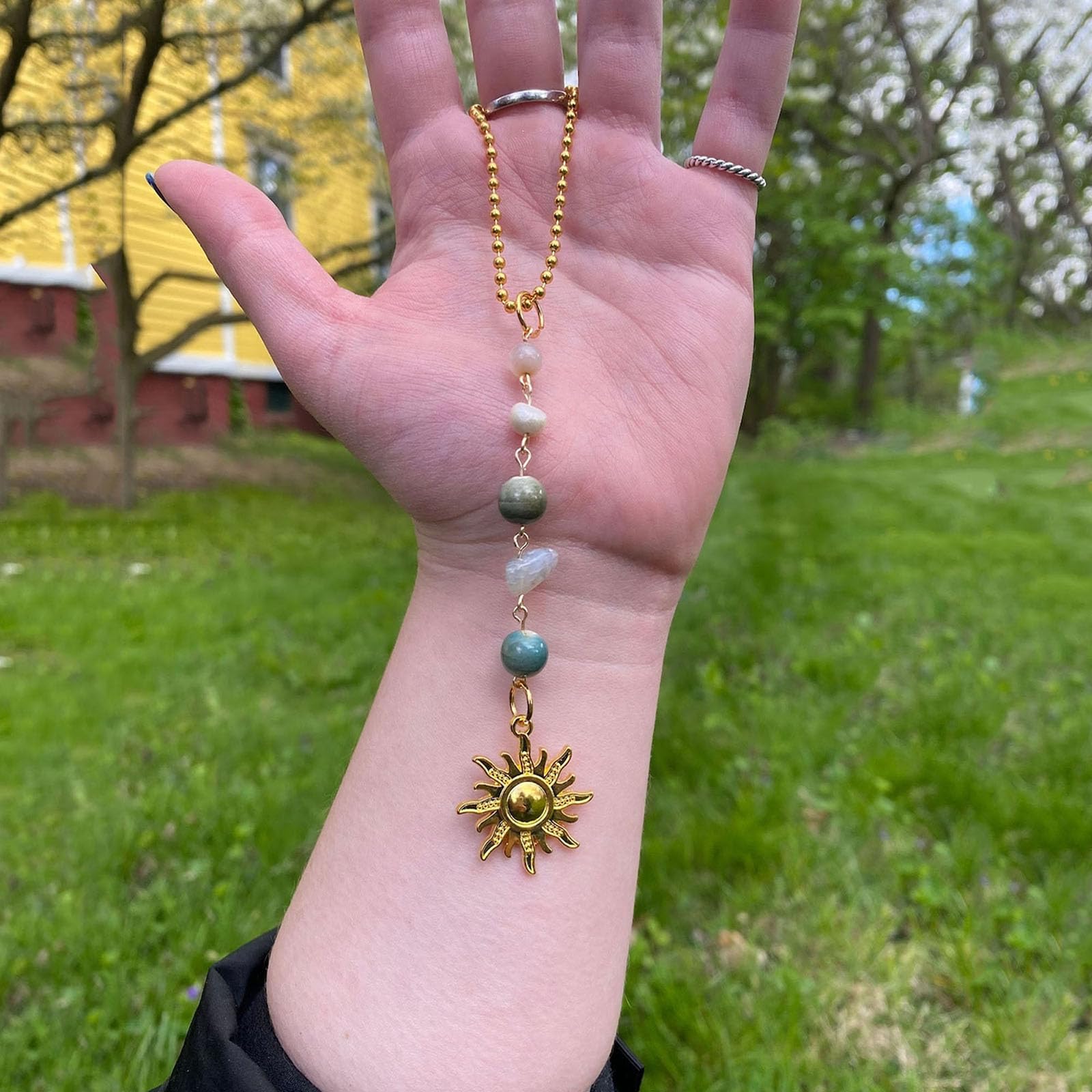 Handmade Boho Sun Hanging Car Charm - Green & Gold Healing Crystal Rearview Mirror Decor for Women & Men | Spiritual Car Accessory for Good Vibes & Positive Energy