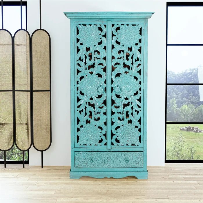 Hand Carved Solid Wooden Armoire Wardrobe - Light Blue Vintage Style Closet for Bedroom, Living Room & Nursery Storage | Durable Wood Furniture for Home Organization
