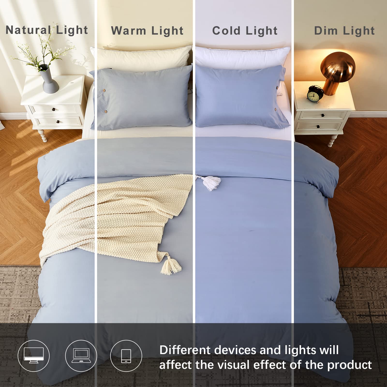 King Size Duvet Cover Set - 3 Piece Washed Cotton Blue Bedding with Zipper Closure | Breathable Linen-Like Texture | Perfect for Master Bedroom & Guest Room Decor