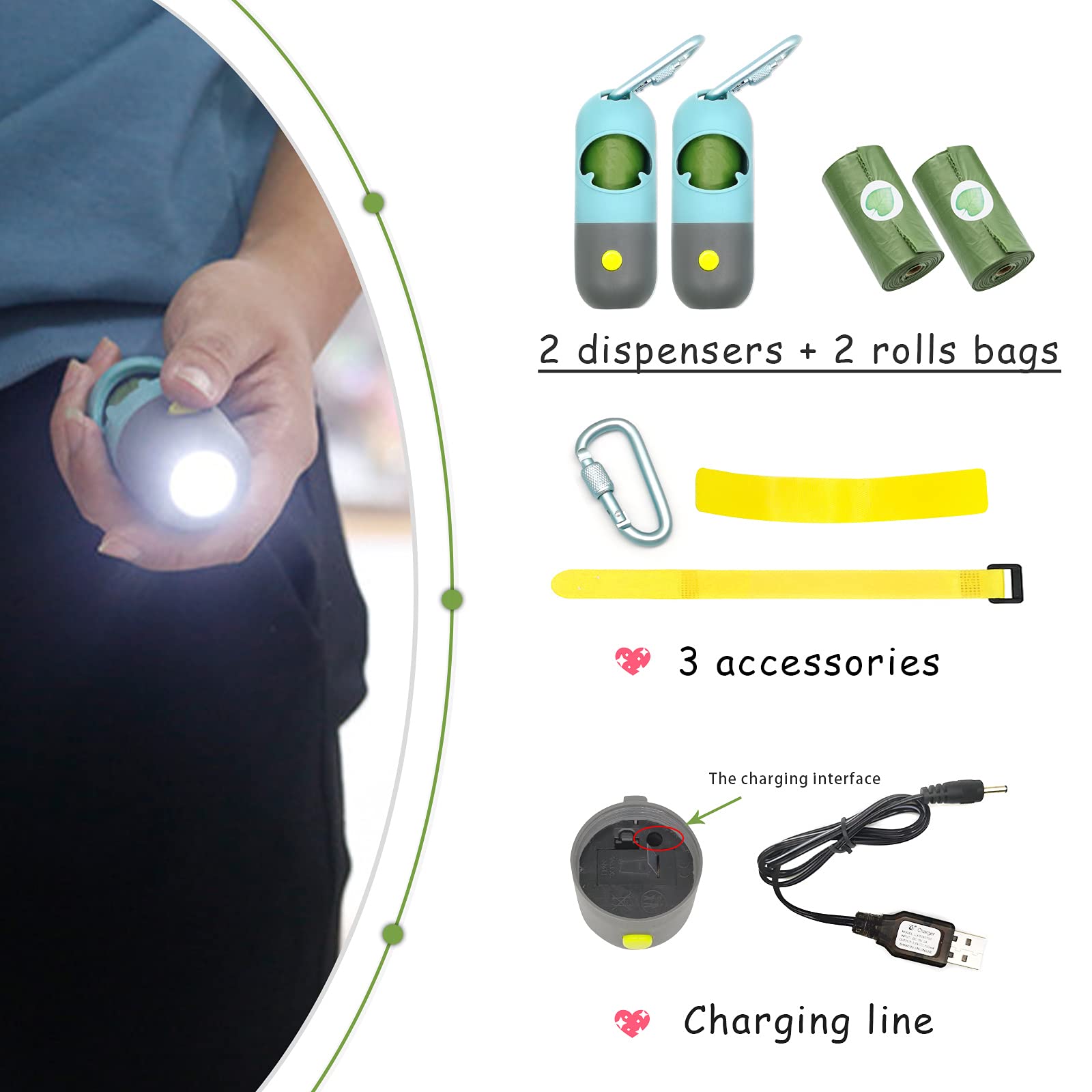 2 Pack Rechargeable Dog Poop Bag Holder with Flashlight & Scented Waste Bags - Leash Attachment Includes USB Cable (Blue, 2 Dispensers + 60 Bags) - Perfect for Nighttime Dog Walks and Outdoor Adventures