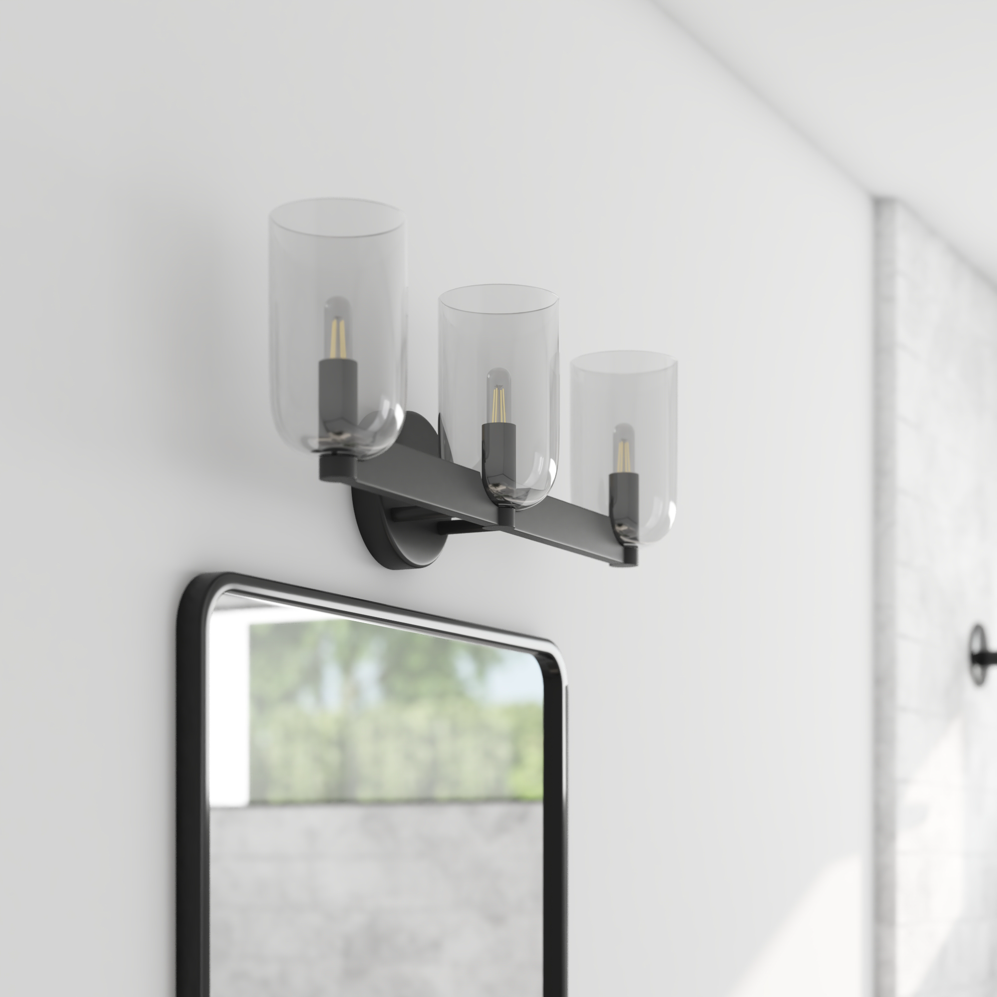 3-Light Hansley Vanity Light Fixture in Matte Black with Clear Glass Shades - Perfect for Bathroom, Bedroom, and Dressing Room Lighting
