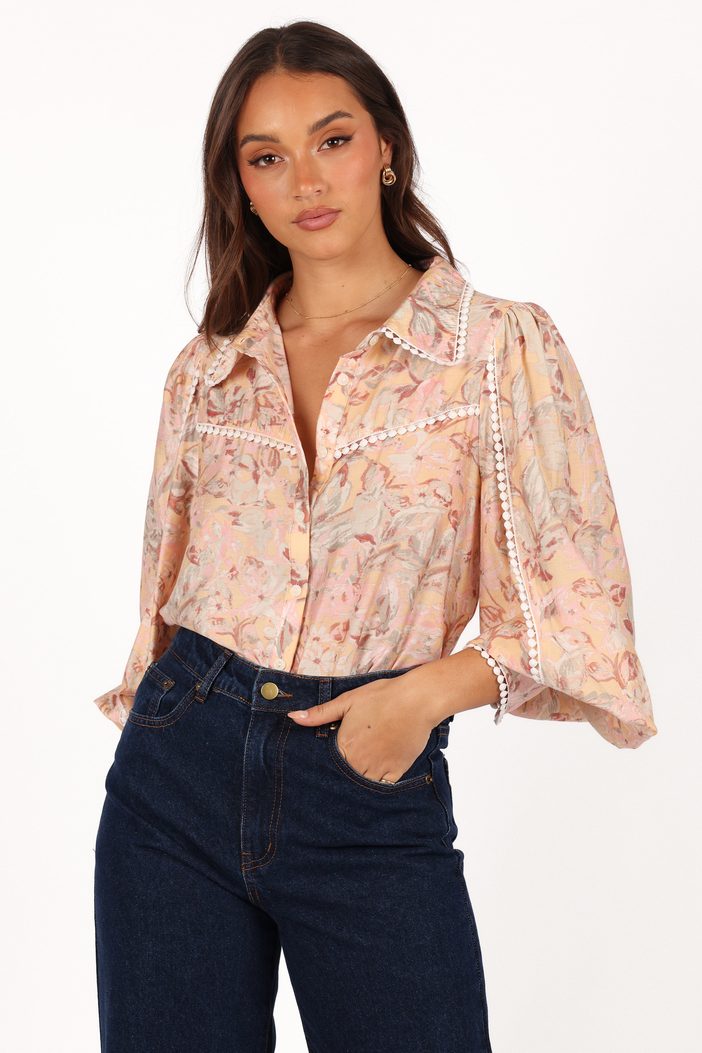 Floria Top Beige Floral Print Women's Blouse - Elegant Casual Wear for Office, Date Night & Spring Outfits