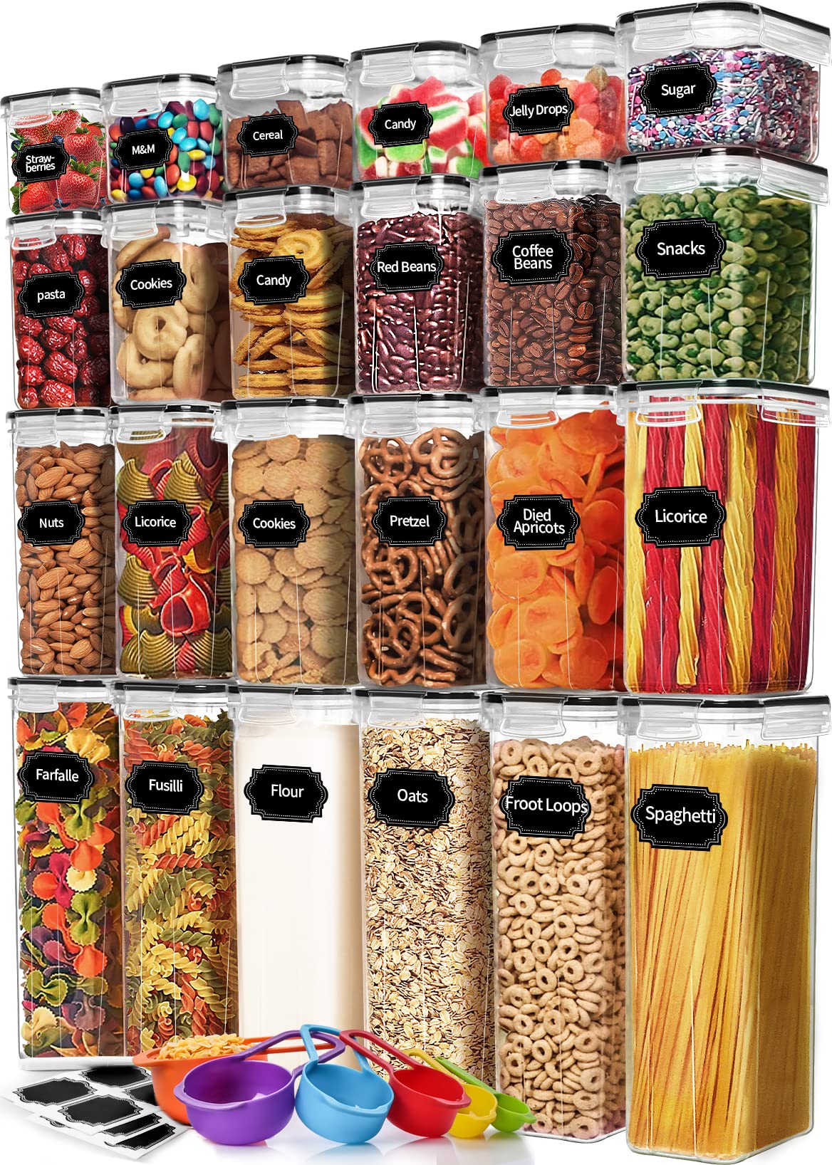 24-Pack Airtight Food Storage Containers with Lids - BPA-Free Plastic Canisters for Cereal, Pasta, Flour & Sugar | Includes Spoon Set, Labels & Marker | Perfect for Kitchen Pantry Organization, Meal Prep & Bulk Food Storage