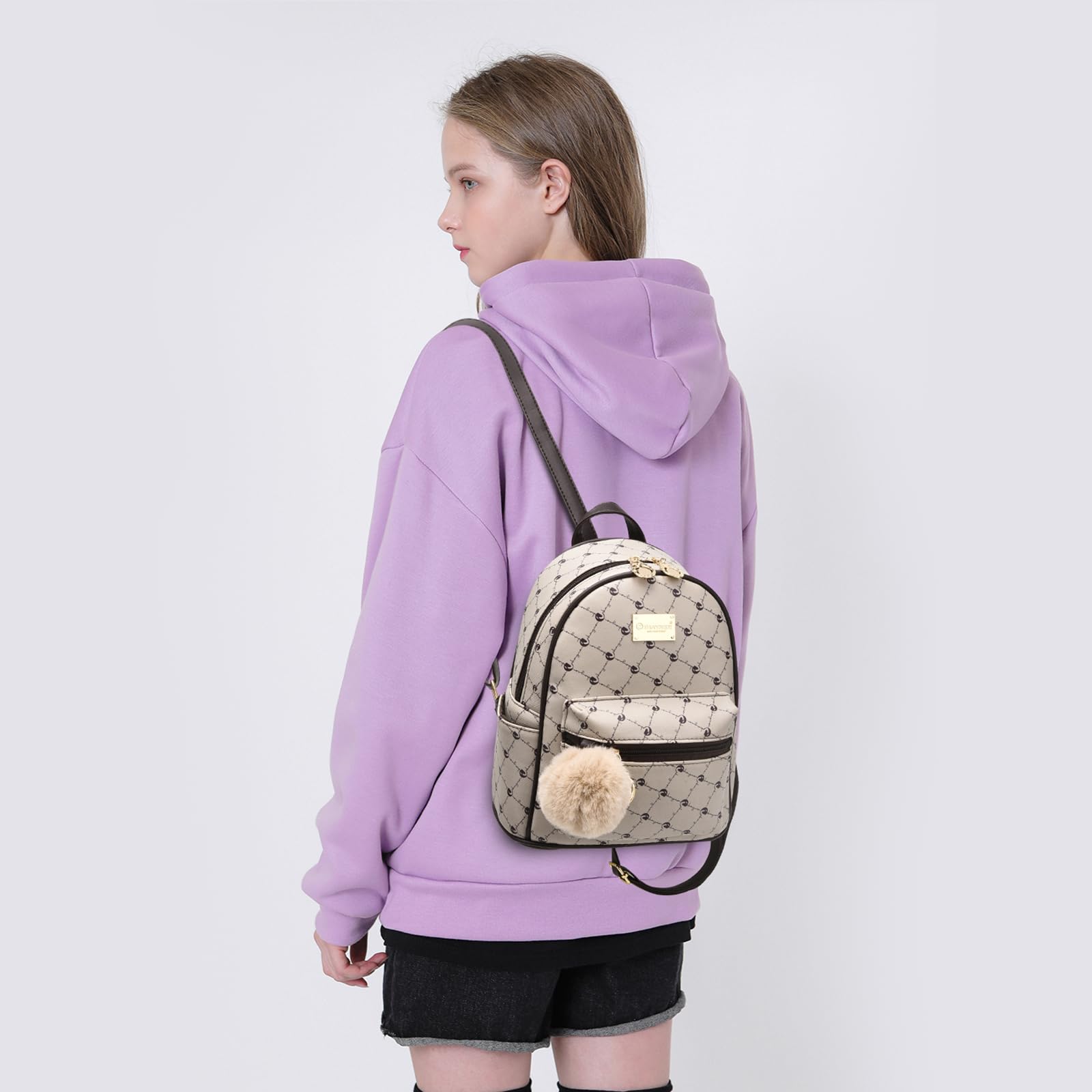 IHAYNER Girls Fashion Backpack - Genuine Leather Mini Backpack Purse for Women & Teens, Cute Satchel School Bag with Pompom, Perfect for Travel, Daypack & Daily Use