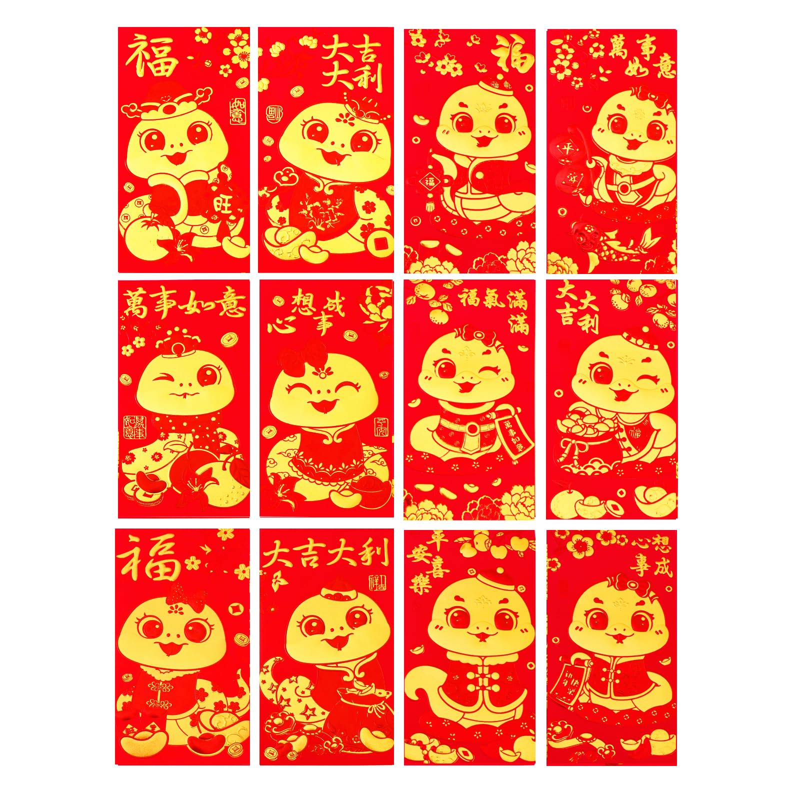 36PCS 12 Styles 2025 Year of the Snake Chinese Red Envelopes - Lucky Money Hong Bao Packets for Chinese New Year, Spring Festival, Wedding & Birthday Gifts (Cartoon Design, Large Size) | Perfect for Lunar New Year Celebrations, Cultural Events & Special Occasions