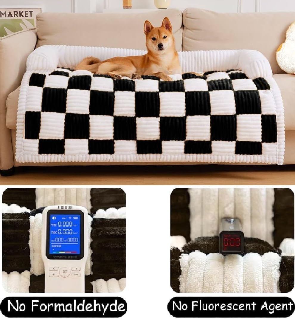 **Funny Pet Couch Cover for Dogs & Cats - Soft Fuzzy Sofa Protector, Cream Plaid Cozy Dog Mat (47.24