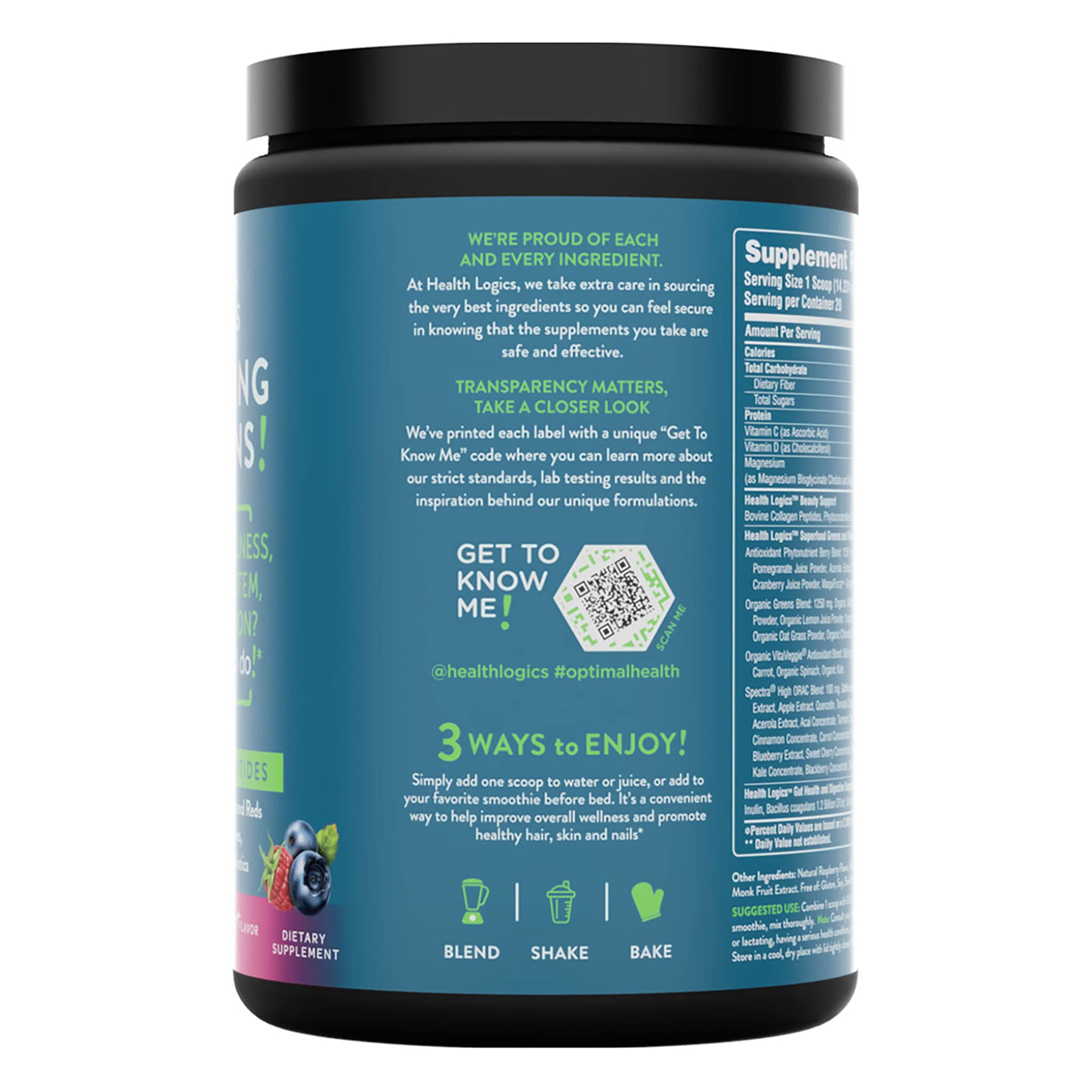 Health Logics Glowing Greens Superfood Powder with Collagen Peptides, Digestive Enzymes, Prebiotics & Probiotics - Antioxidant Rich Supplement for Wellness, Immune Support & Gut Health | Perfect for Smoothies, Shakes & Daily Nutrition Boost
