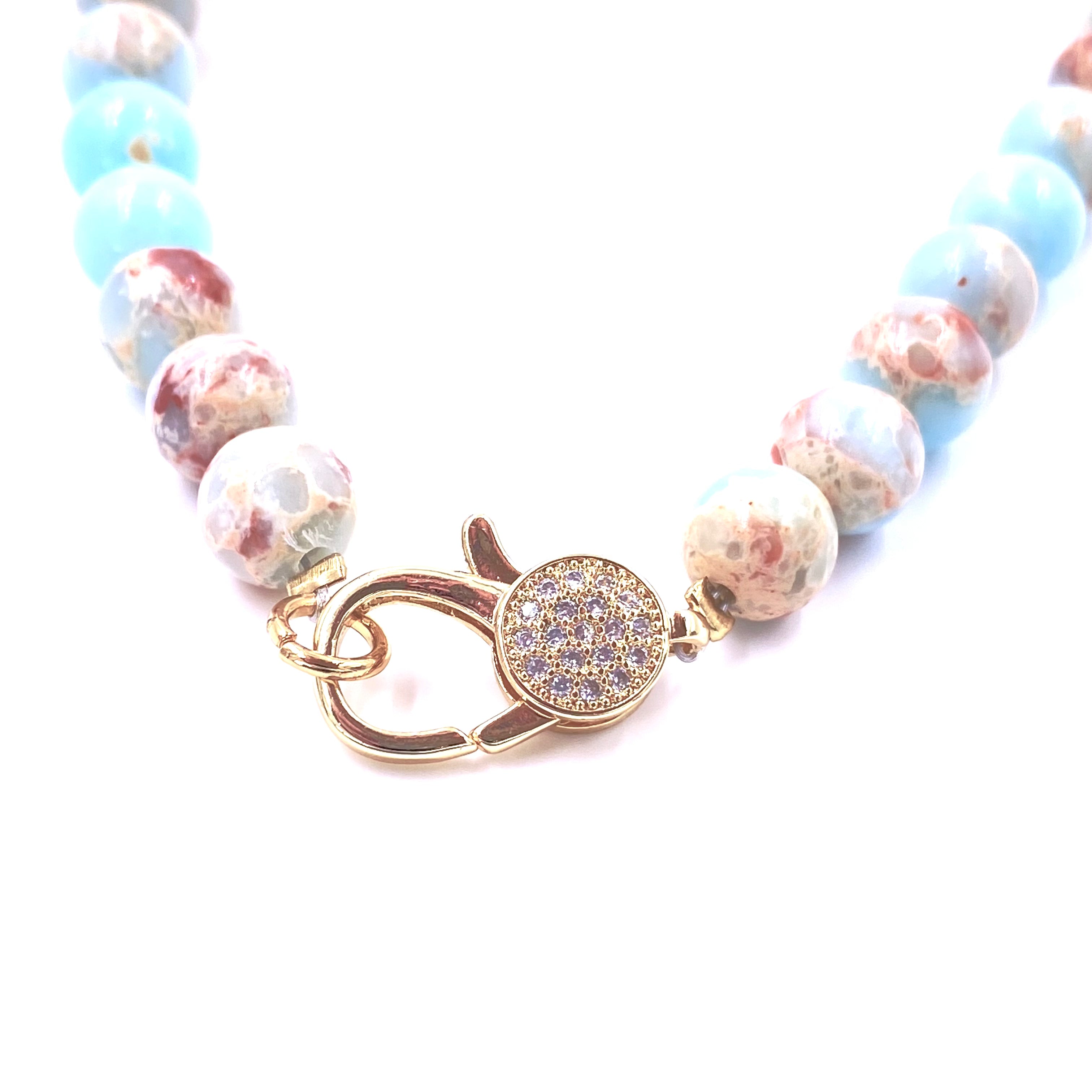 Ashley Gold Stainless Steel Gold Plated CZ Lock Blue Semi Precious Stone Beaded Necklace for Women - Elegant Layered Jewelry Gift for Birthday, Anniversary & Special Occasions