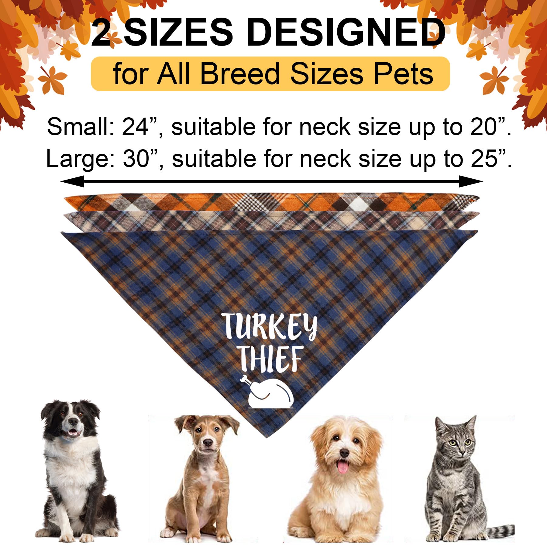 3 Pack Thanksgiving Dog Bandanas for Small Medium Large Dogs - Fall Holiday Pet Bandanas with Adjustable Collar - Perfect for Thanksgiving, Halloween, Christmas & Family Gatherings